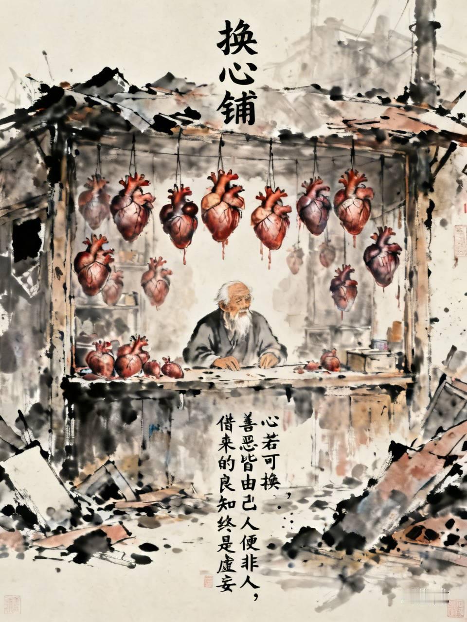 江湖怪谈•荒诞志316换心铺
老妪开铺换心，嫌恶换善，贪痴换慧。书生换去痴心，金
