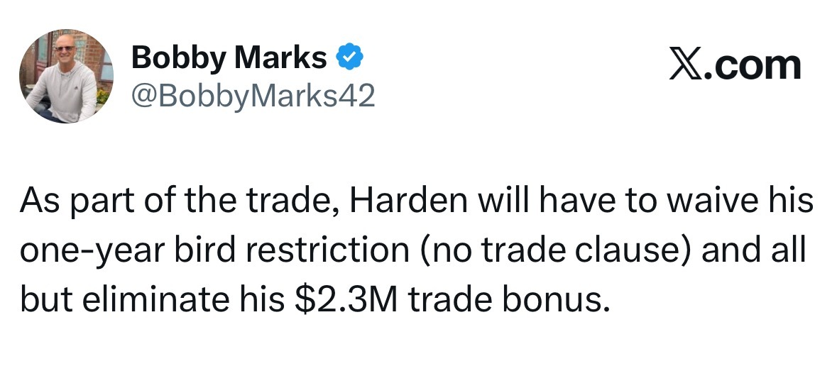 骑士将成为哈登过去6年的第5支球队，哈登辗转火箭、篮网、76人、快船，现在将联手