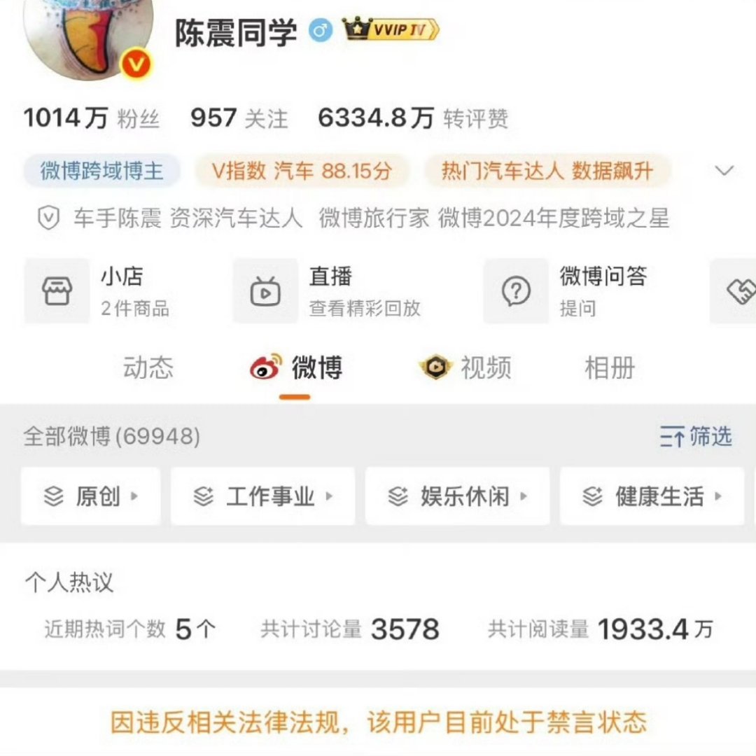 陈震在微博、抖音、小红书、B站被全面禁言，作为顶流大V毫无底线，整天煽动情绪，制