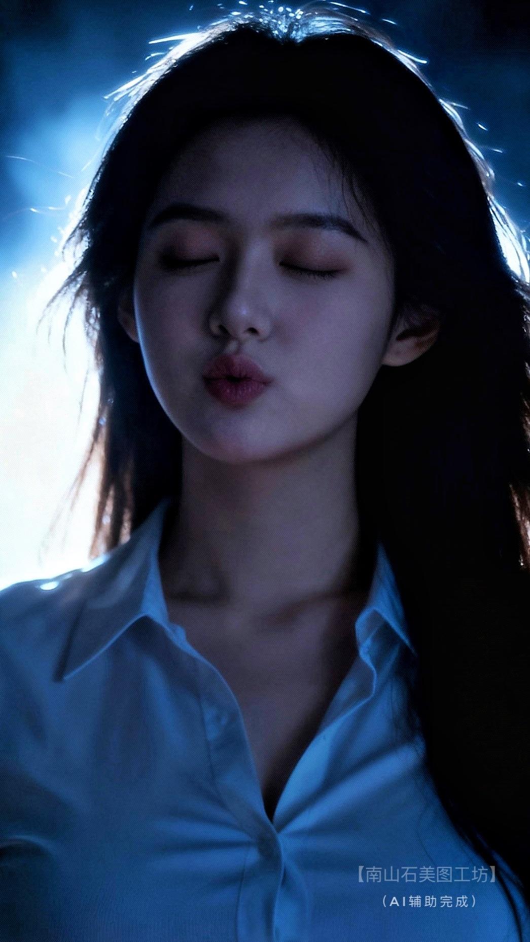 蓝调烟雾织就梦幻结界，白衬衫衬出肩颈清冷线条。墨瀑长发垂落，闭眸嘟唇间，柔媚与疏