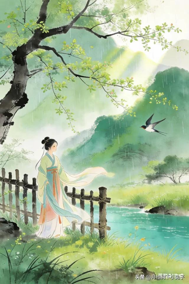 雨过篱边草色柔，
新芽争上旧枝头。
晴光染透千山翠，
碧水潺潺向东流。