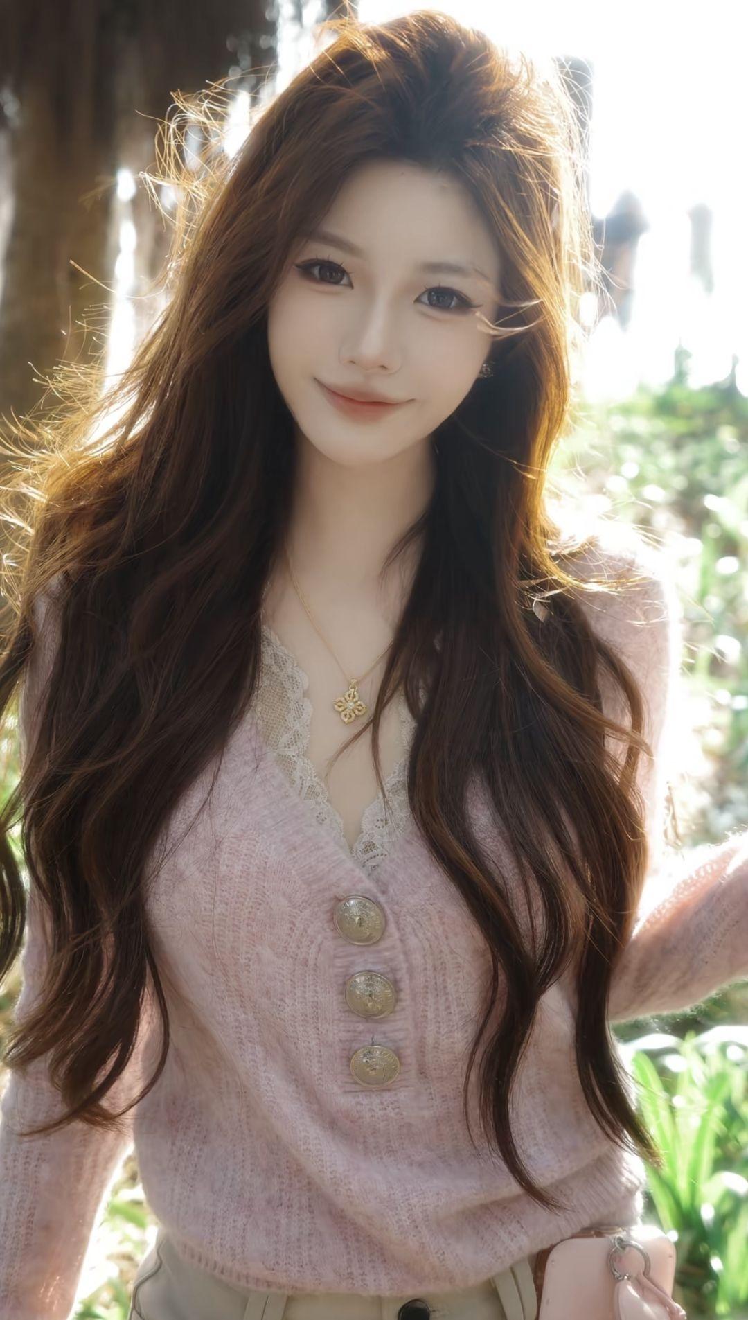 慵懒长发配柔粉针织，是自带氛围感的性感甜妹