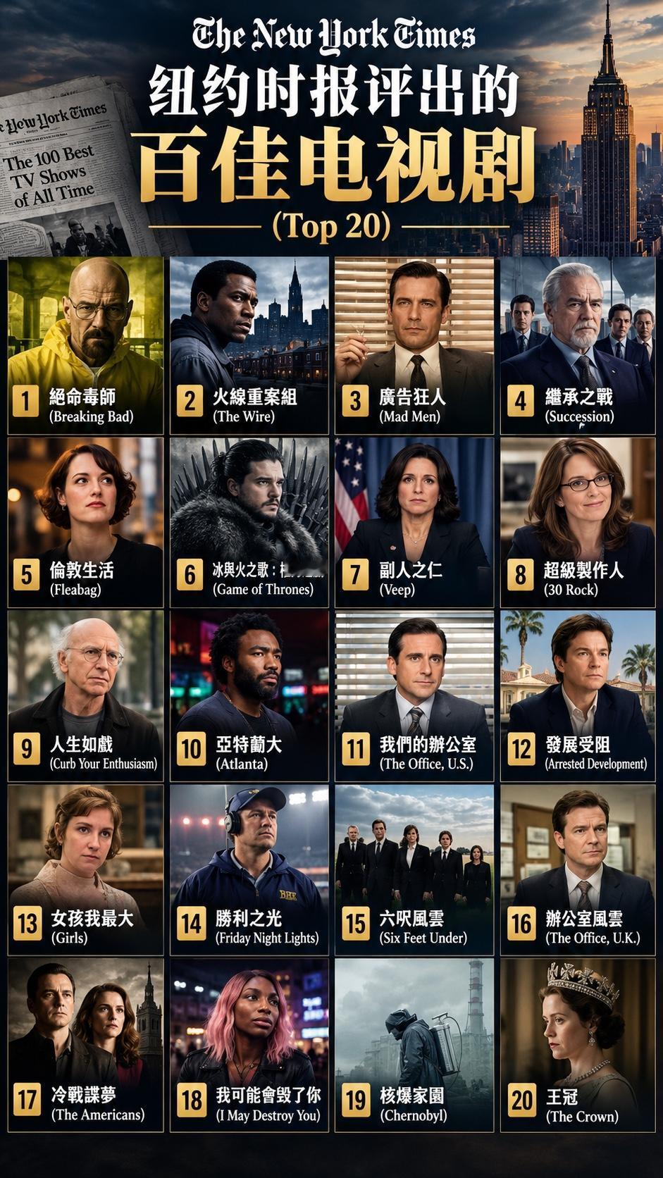这是纽约时报评出的百佳电视剧前 20 名，你看过几个？