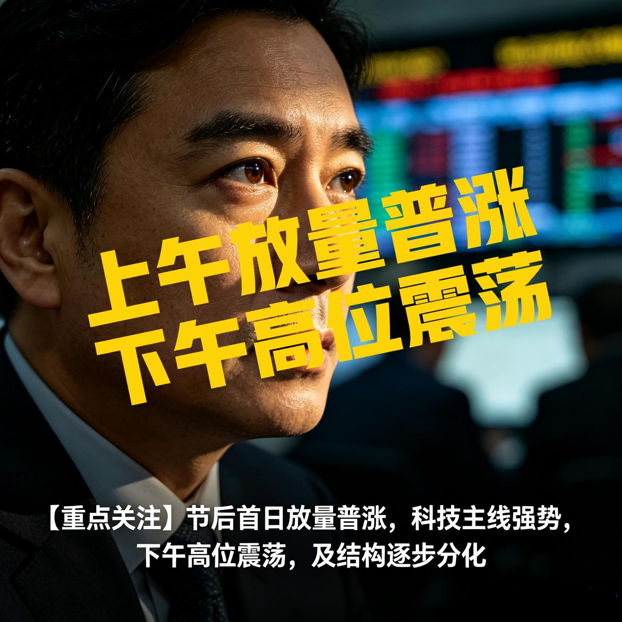 【重点关注】节后首日放量普涨，科技主线强势，下午高位震荡，及结构逐步分化
 
提