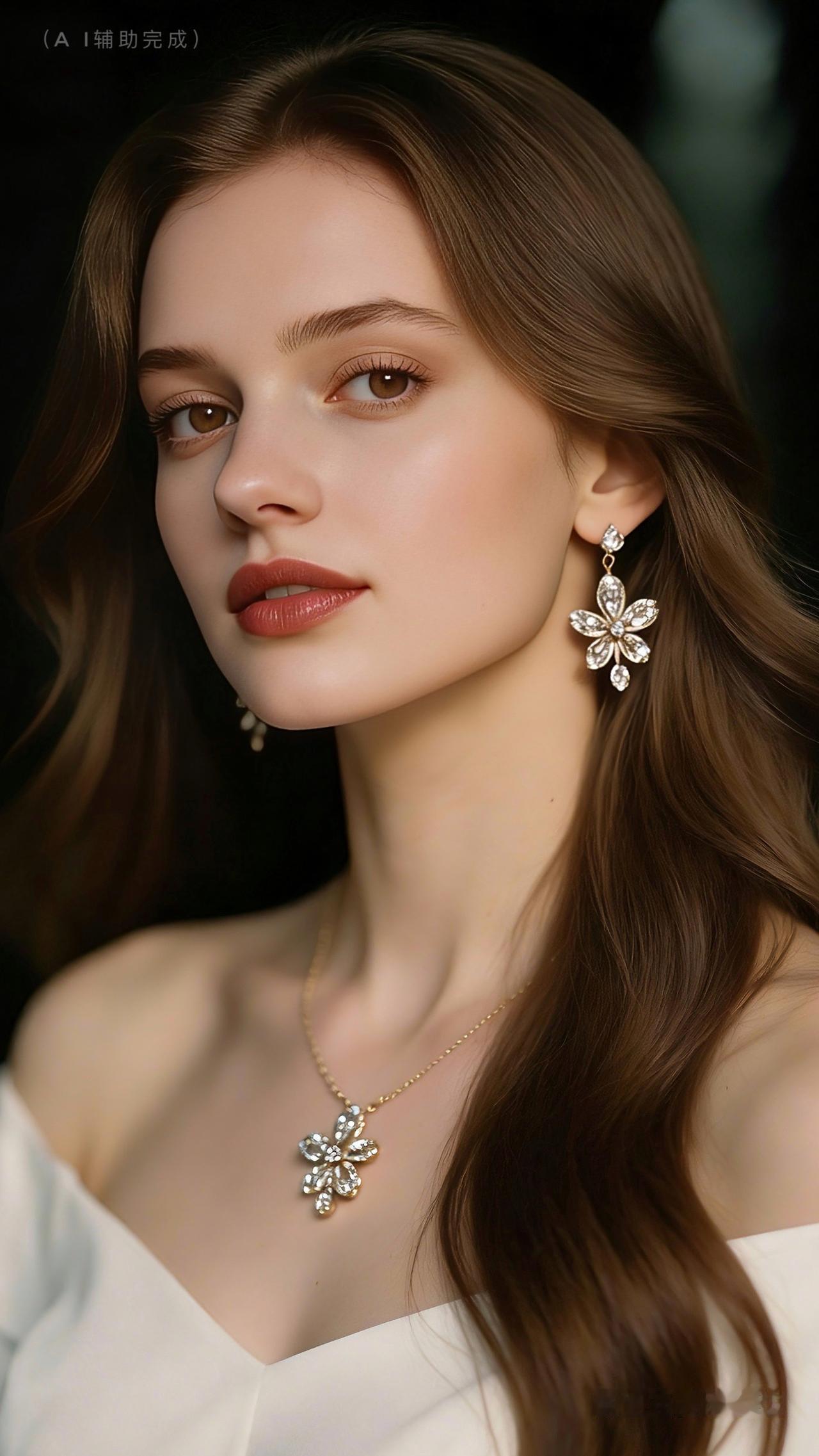 暖棕长发似绸缎倾泻，白裙如月光轻覆肩头，花朵造型珠宝在颈间耳畔璀璨盛放。暗调背景