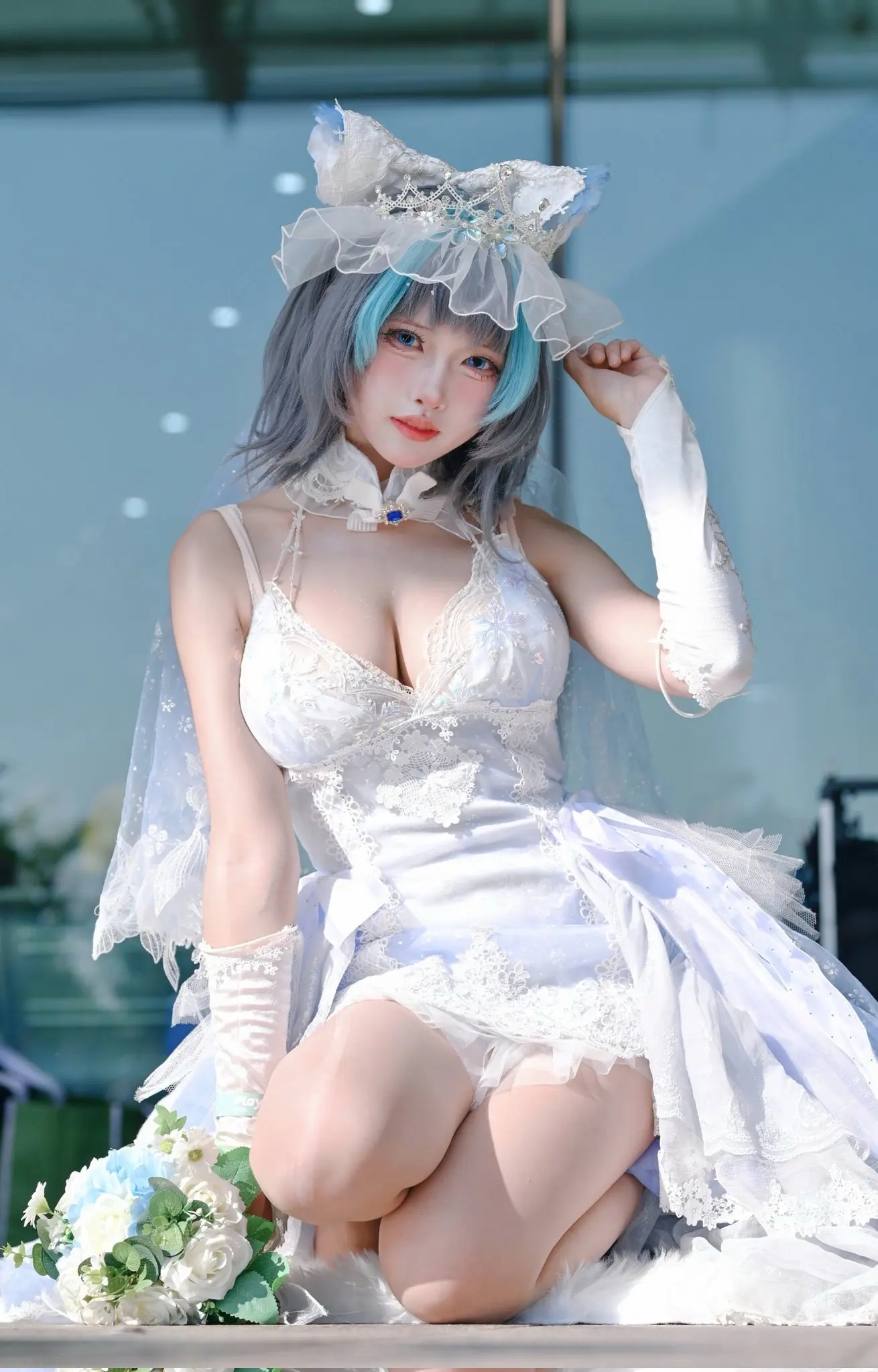 少女cos 雷姆女仆装 白裙cos 纯白花嫁少女 甜美风cosplay
