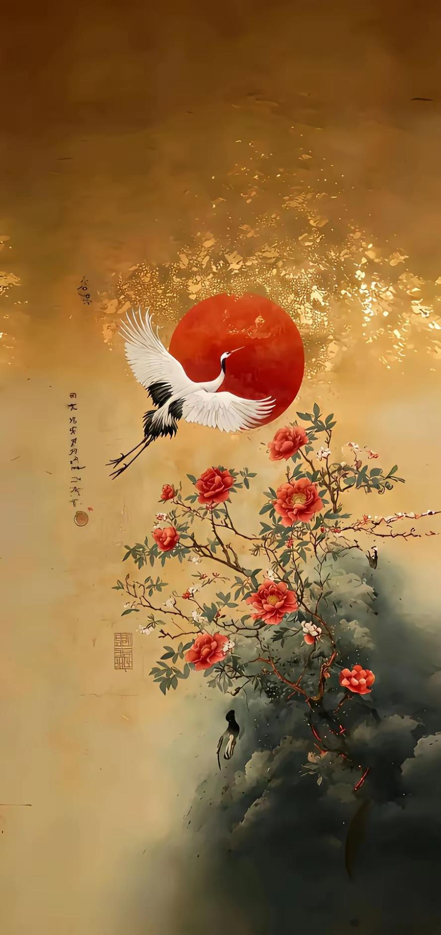 手机壁纸～花影载满东方意韵，从鎏金繁花的雍容华贵，到丹鹤迎日的古雅清逸，从水墨玫