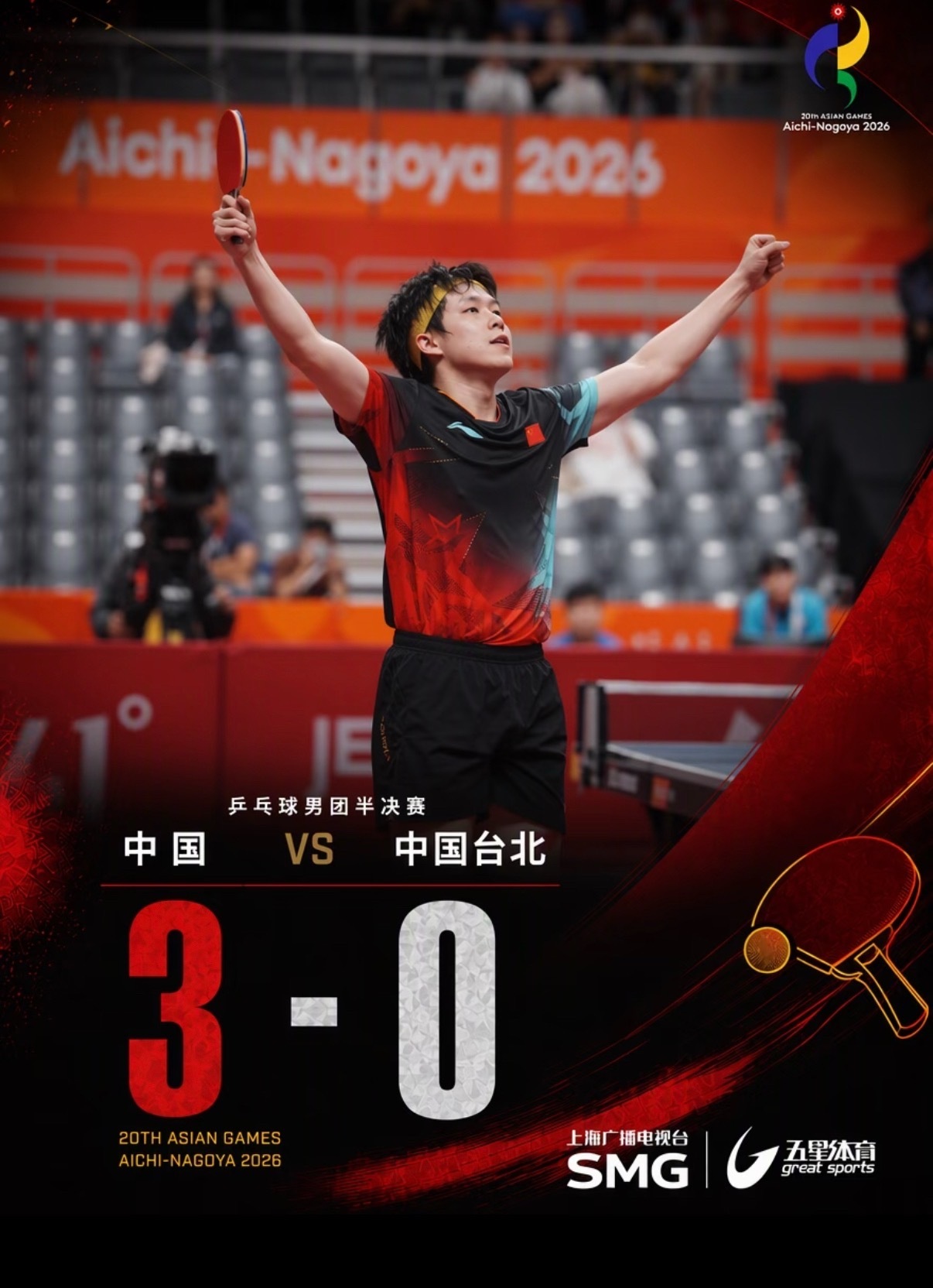 🏓3-0横扫！亚运会 乒乓球男团半决赛，国乒男团击败中国台北，连续第九次闯进亚