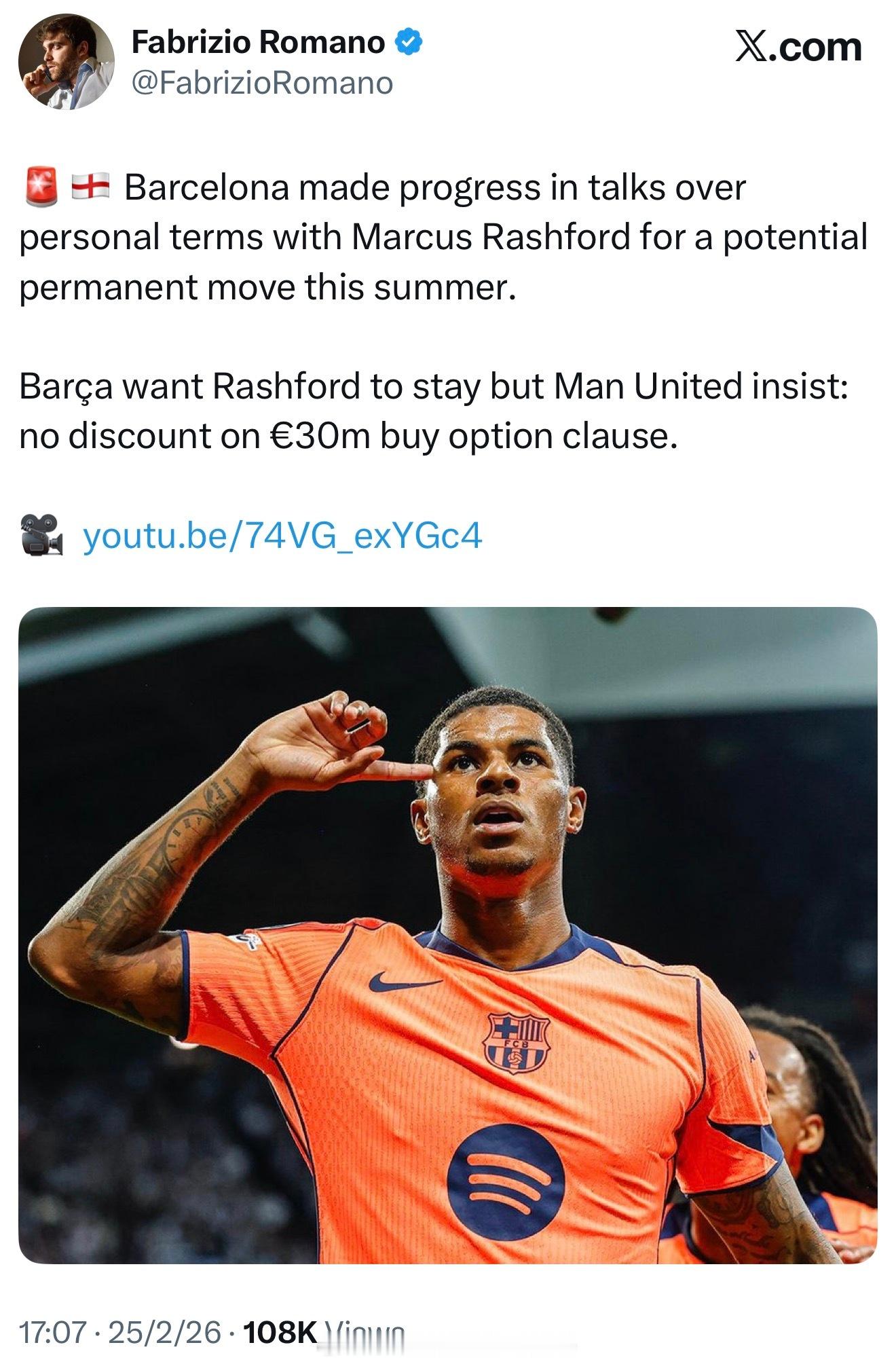 罗曼诺：巴萨与拉什福德就个人条款谈判取得进展，希望球员留在诺坎普。曼联方面坚持买