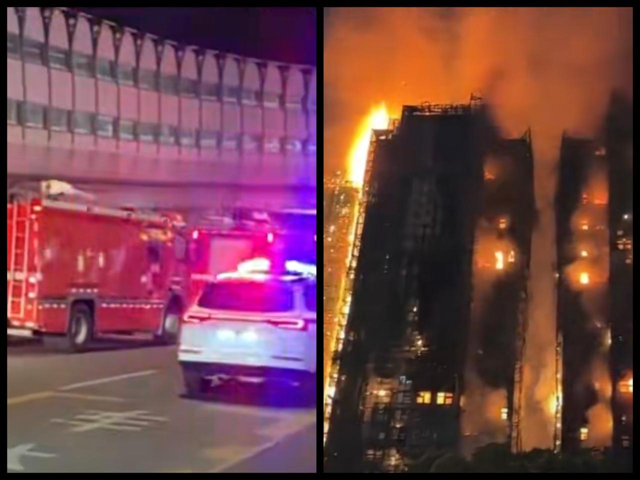 11月26日，深圳消防驰援香港，各类装备车辆一眼望不到头。香港大埔宏福苑发生严重