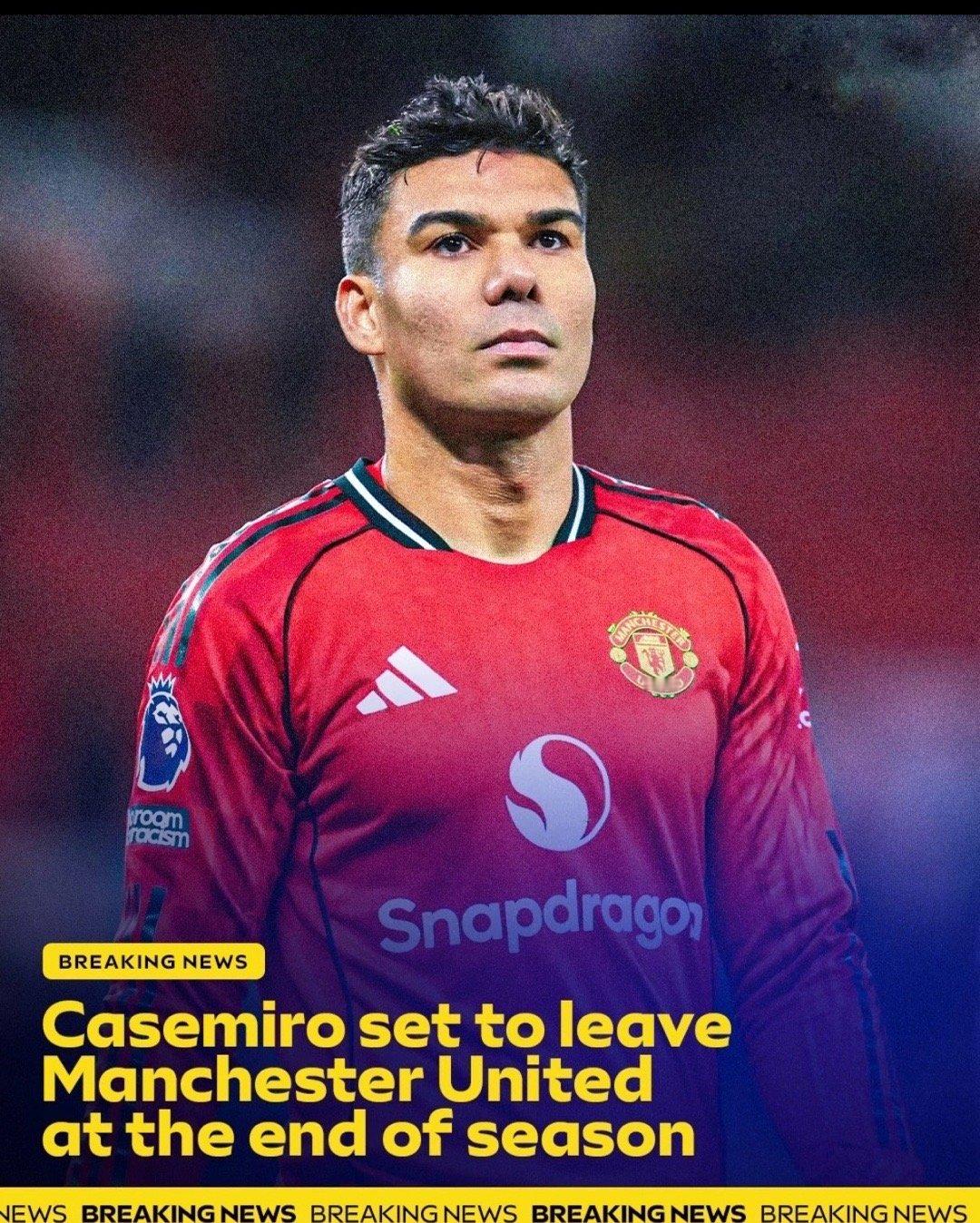 曼联官宣卡塞米罗今夏离队 曼联宣布33岁巴西中场卡塞米罗夏窗自由离队，效力4年夺