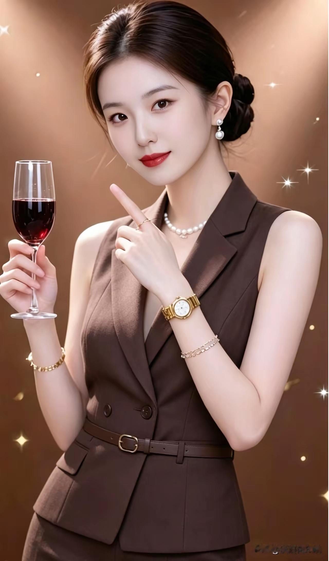 优雅女士举杯，微笑指向前方。