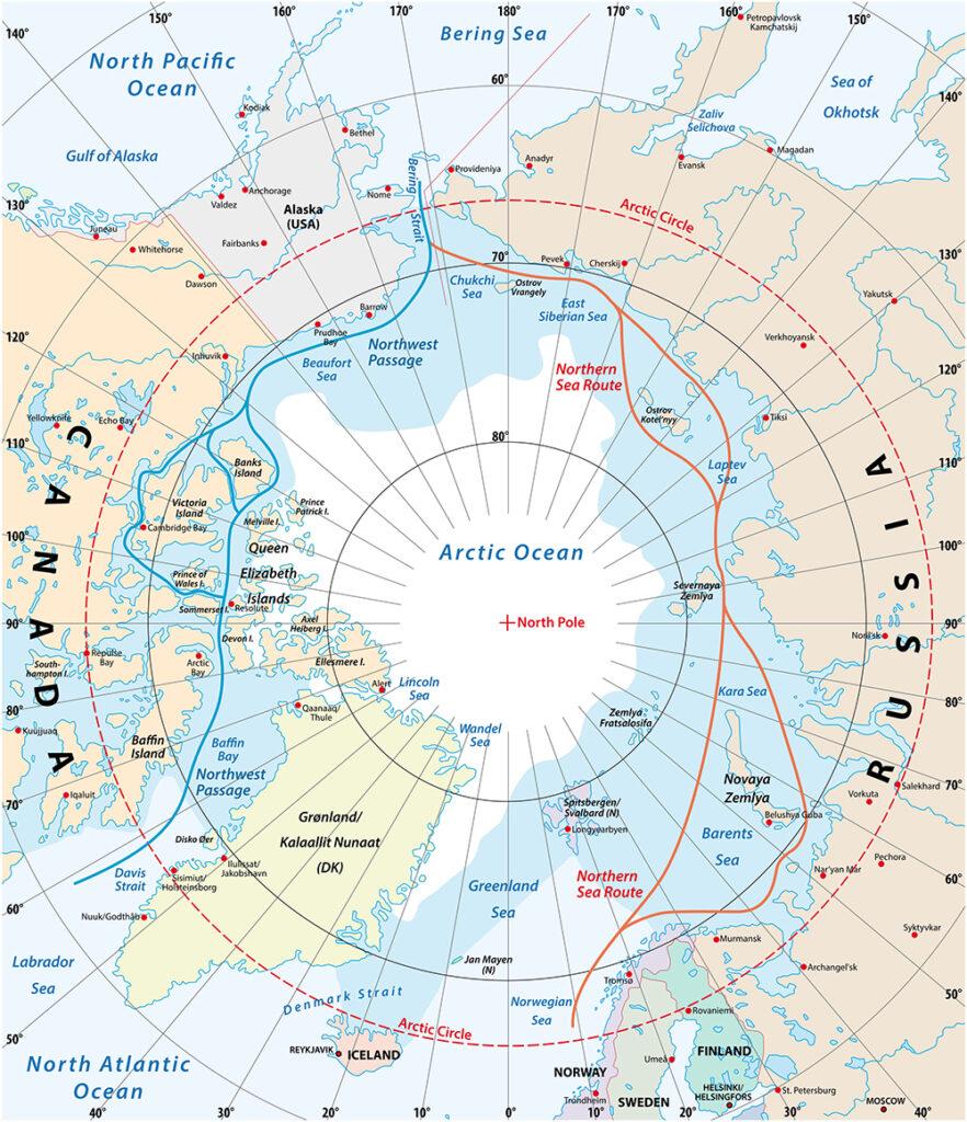 北极地区地图,西北通道和北洋航线。