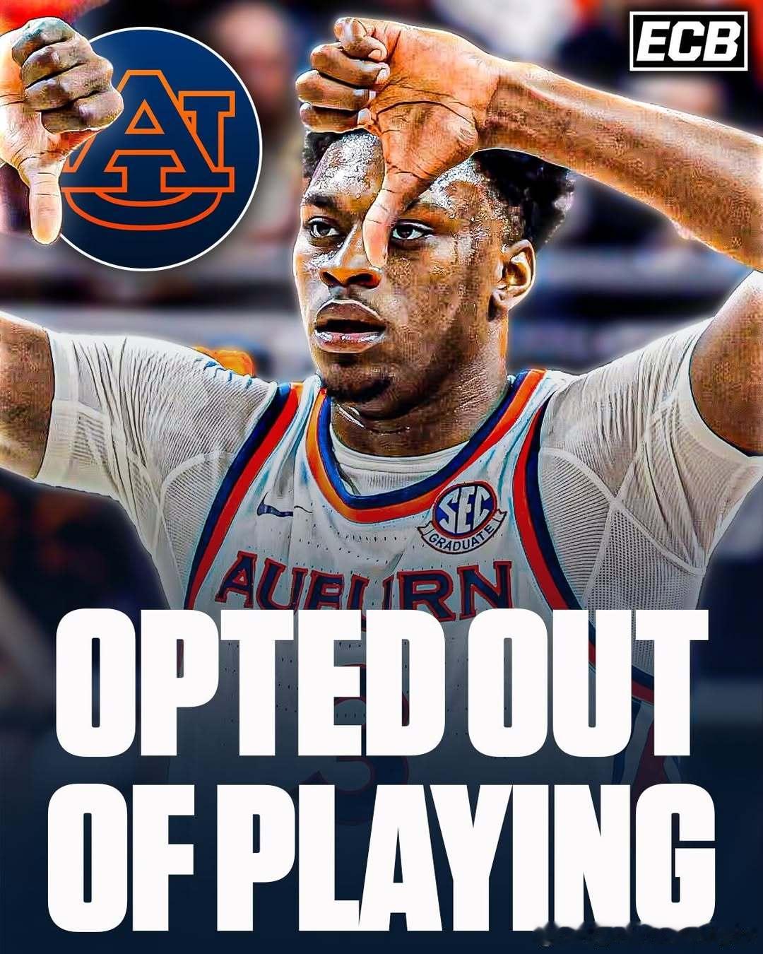 奥本大学前锋基肖恩·墨菲(KeShawn Murphy)周一未出席训练，将缺席今