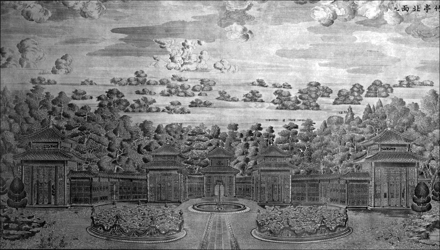 【圆明园-西洋楼】园林建筑组团的铜版画，竹亭北面九。由耶稣会顾问小组传...