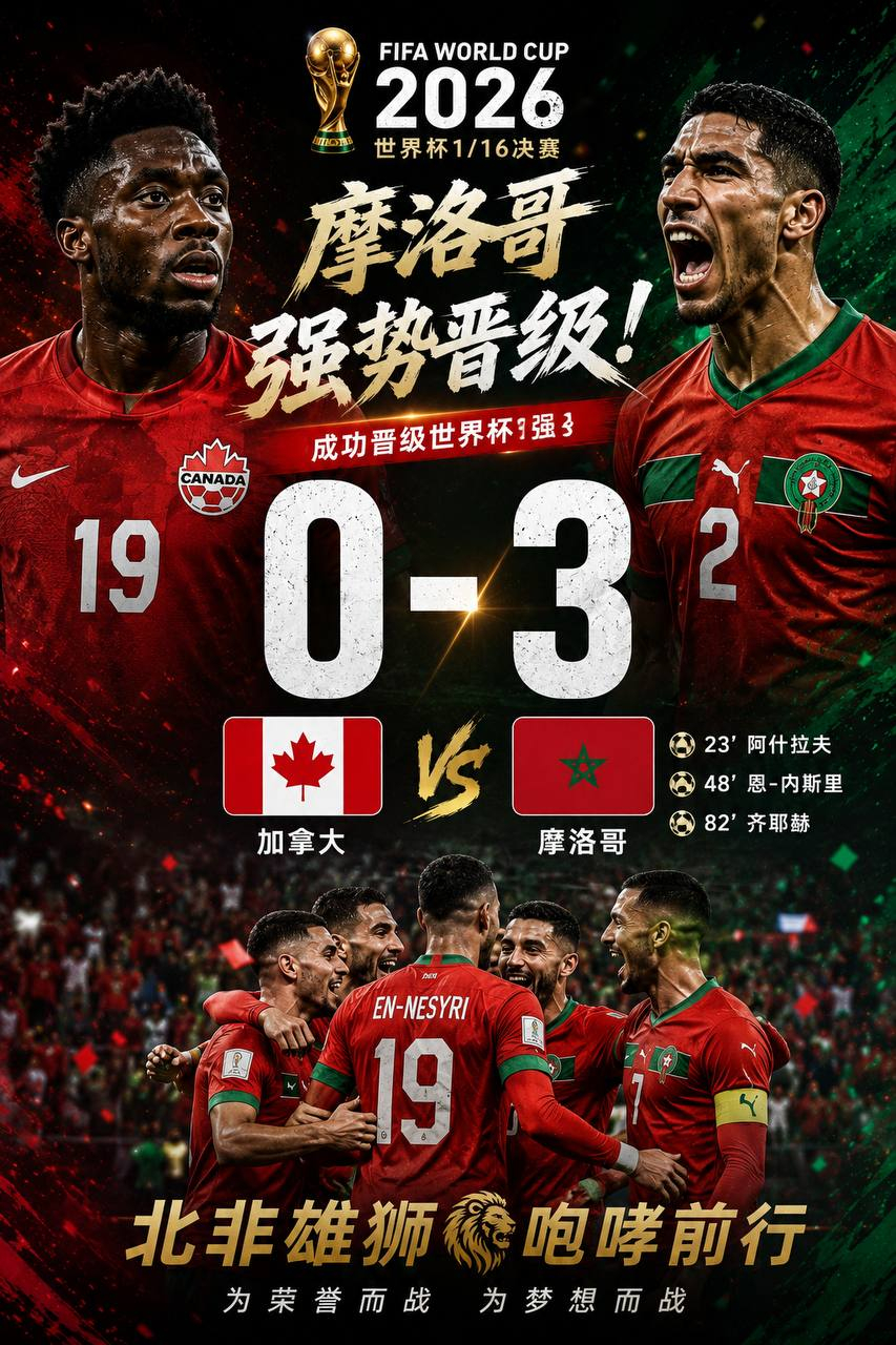 世界杯16进8淘汰赛｜摩洛哥3-0加拿大，北非雄狮火力全开，强势晋级世界杯八强！