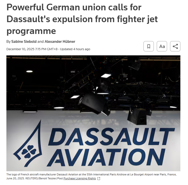 德国金属工业工会警告，如果达索继续参与FCAS，将停止合作“我们乐于与法国公司合