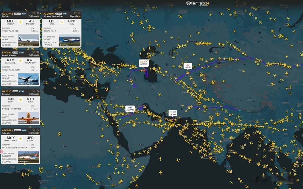 F24实时航班跟踪数据显示：多架民航航班正在改变航向，避免进入伊朗领空。现在。