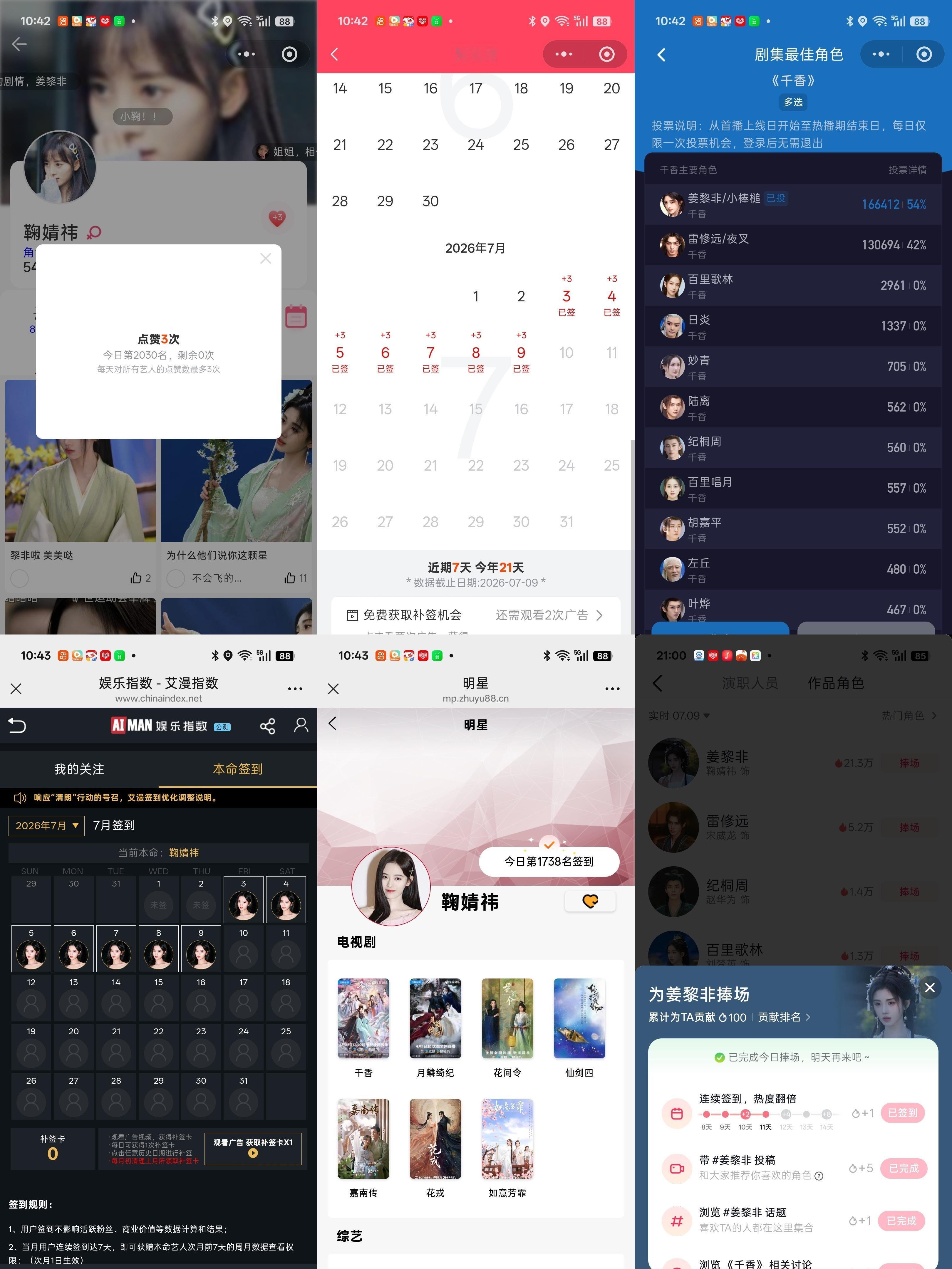7.9姜黎非托举计划鞠婧祎姜黎非鞠婧祎千香 1.微博演员榜57个耗 计57×5=