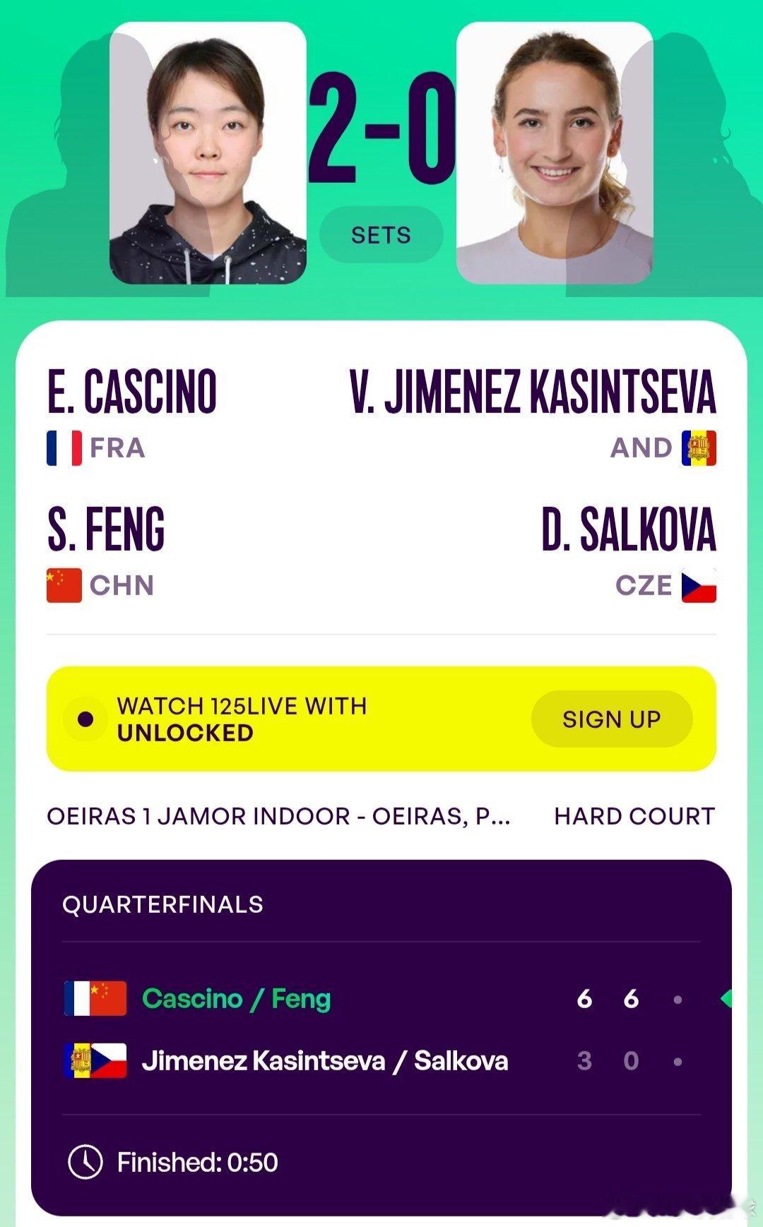 WTA125奥埃拉什站🇵🇹女双8进4丰硕🇨🇳/卡西诺🇫🇷6-3/6-