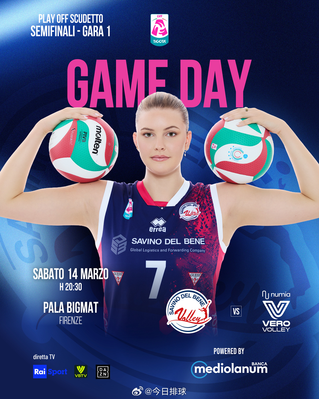 北京时间今晚（明天凌晨）03:30，2025-2026女排意甲 半决赛第一场，斯