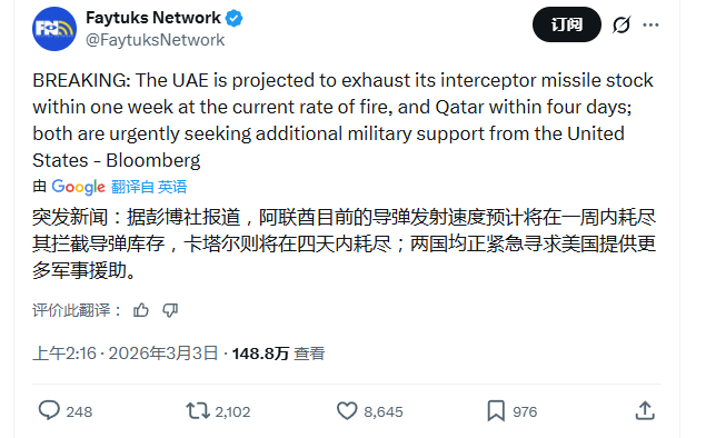 阿联酋的防空拦截弹将在一周内打光，卡塔尔还能坚持4天，两国要求美国提供援助。 