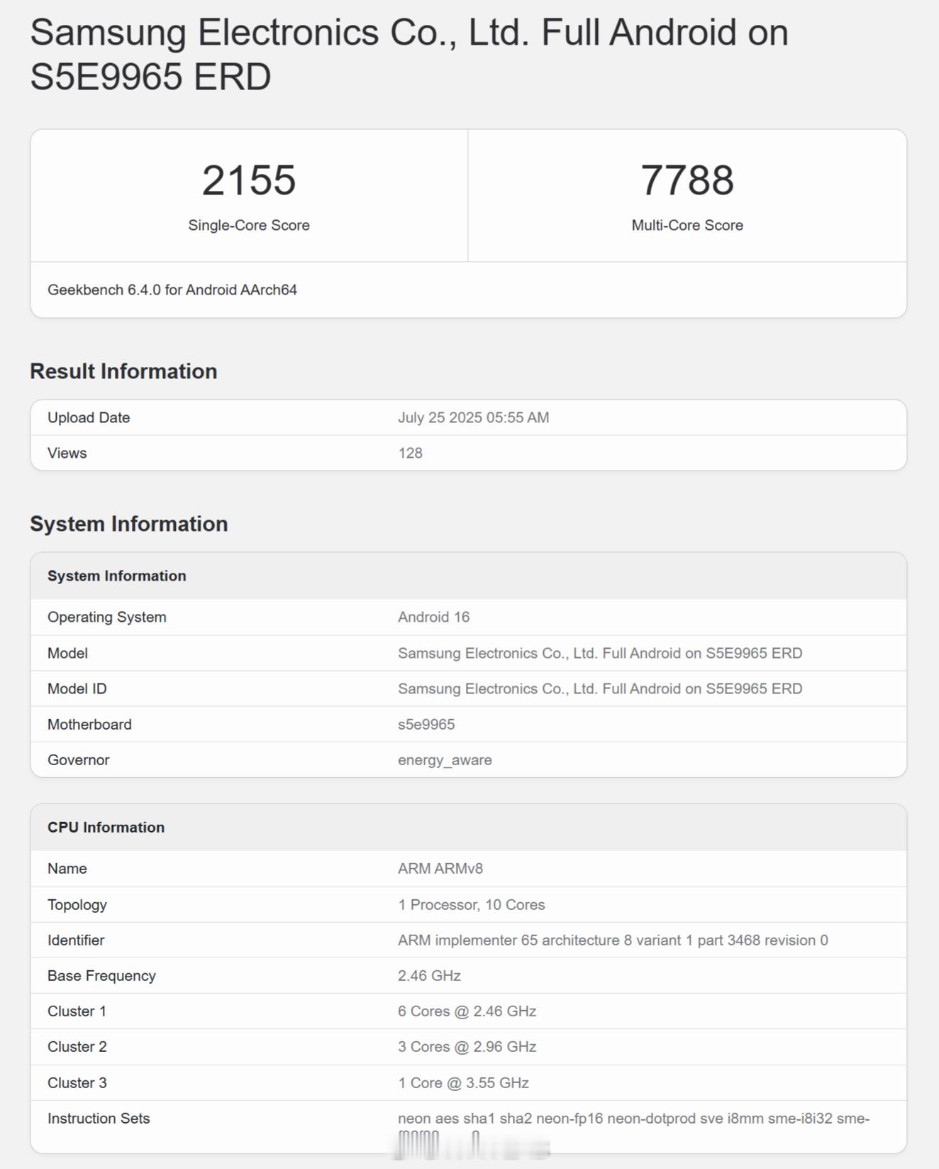全球首款 2nm 芯片 Geekbench 6 跑分曝光，三星 Exynos 2