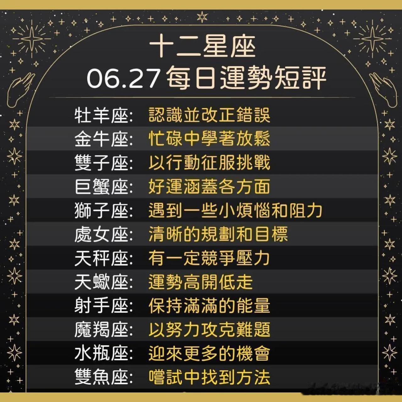 十二星座运势每日小短评
06/27运势到咯[点亮平安灯][福]
双子座♊️以行动
