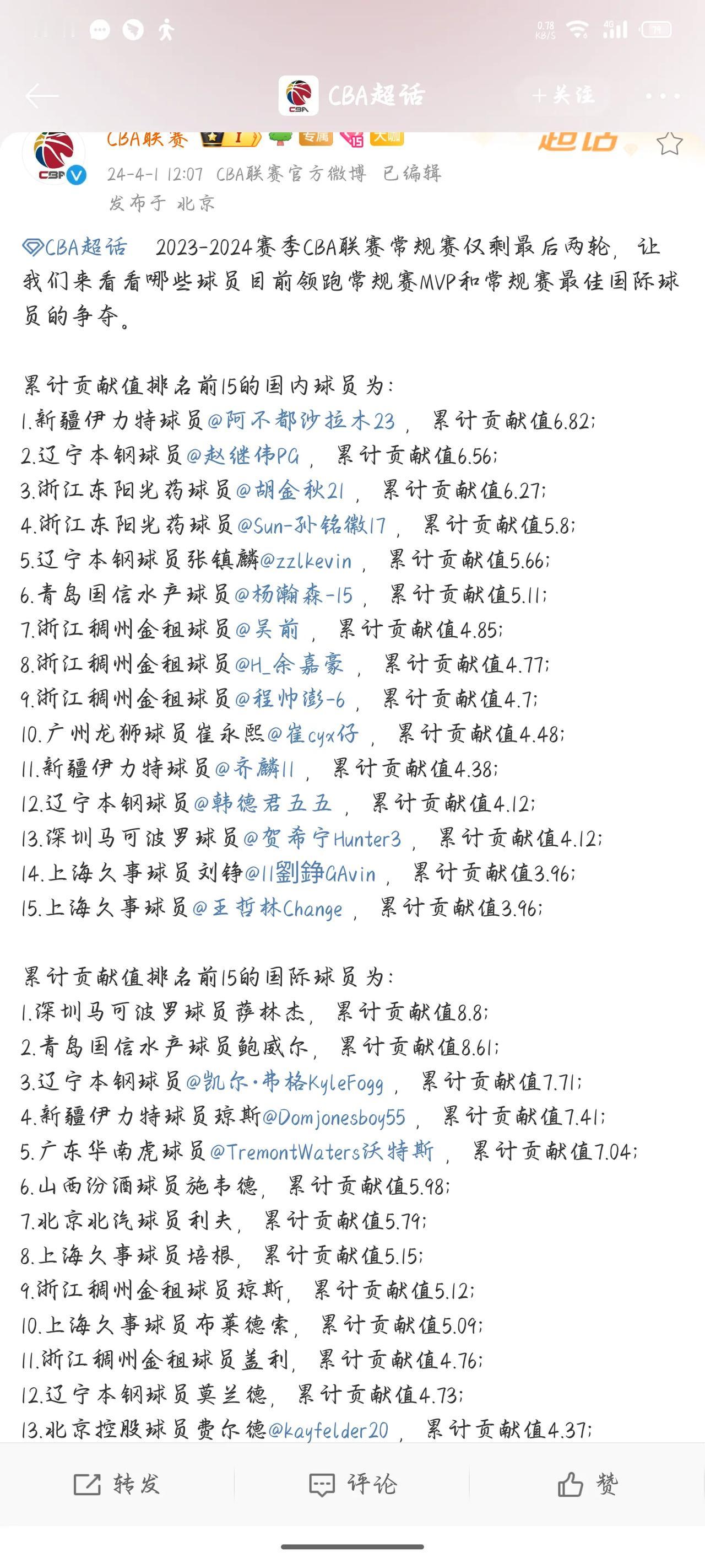 从CBA官方公布的球队贡献值这份名单的前三（阿布都、赵继伟、胡金秋）来看，结合本