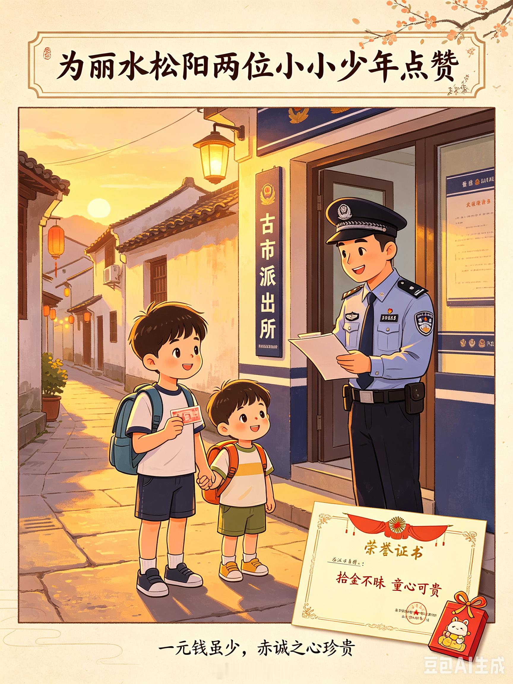 为丽水松阳两位小小少年点赞7月4日傍晚，松阳古市，8岁陈嘉安与4岁弟弟捡到一元钱