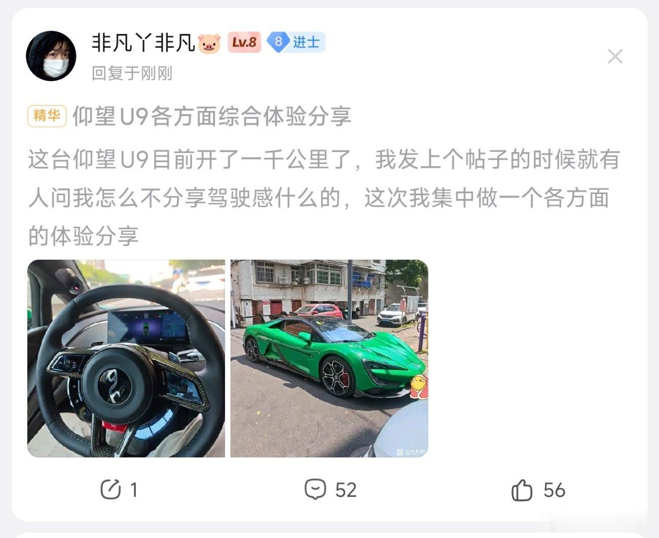 在贴吧，你甚至能看到人分享仰望U9使用体验。不过比亚迪刹车硬算是品牌特点了，下到