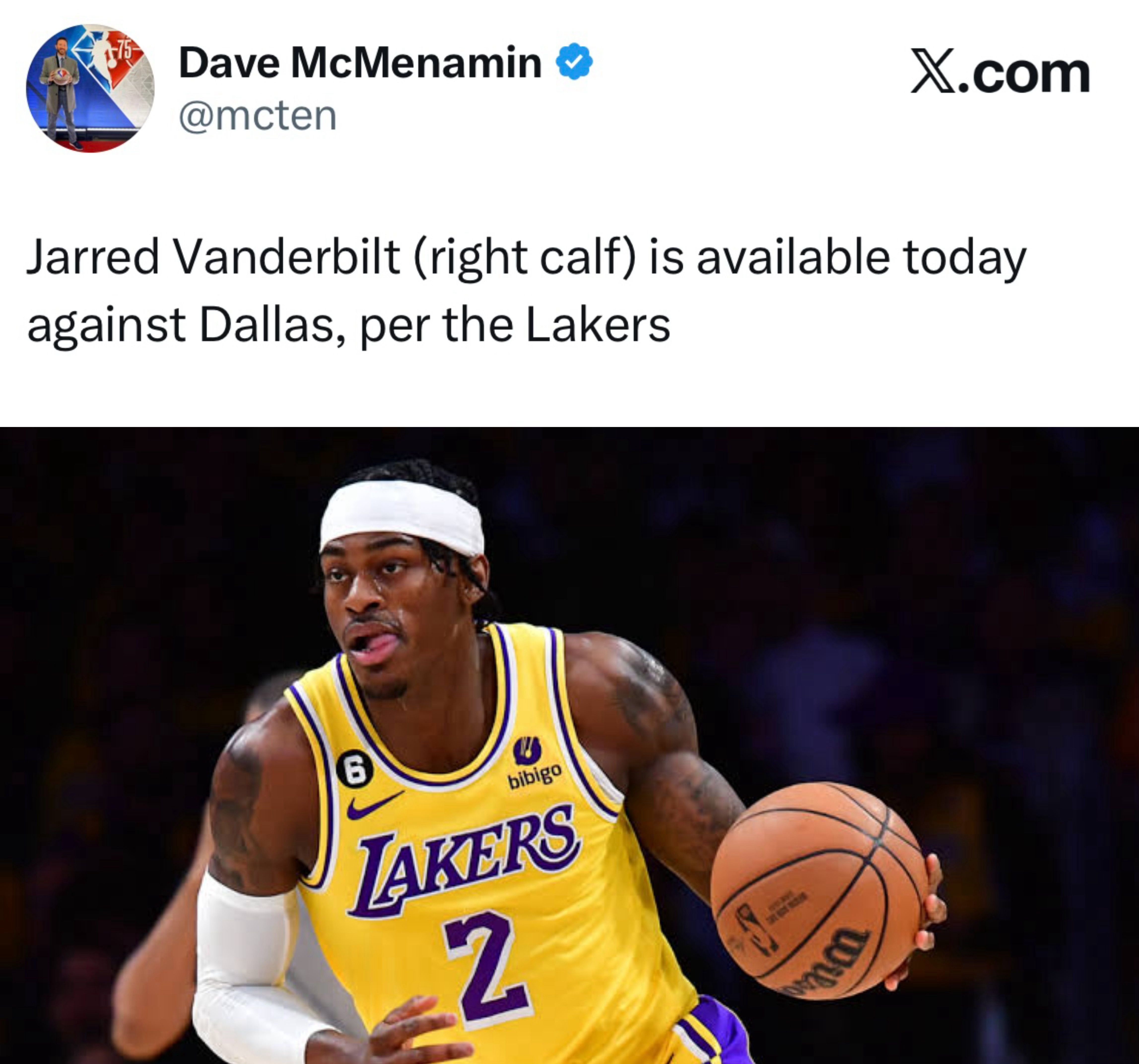 湖人官方消息，范德比尔特（右小腿伤势）升级为出战与独行侠的比赛。 湖人vs独行侠