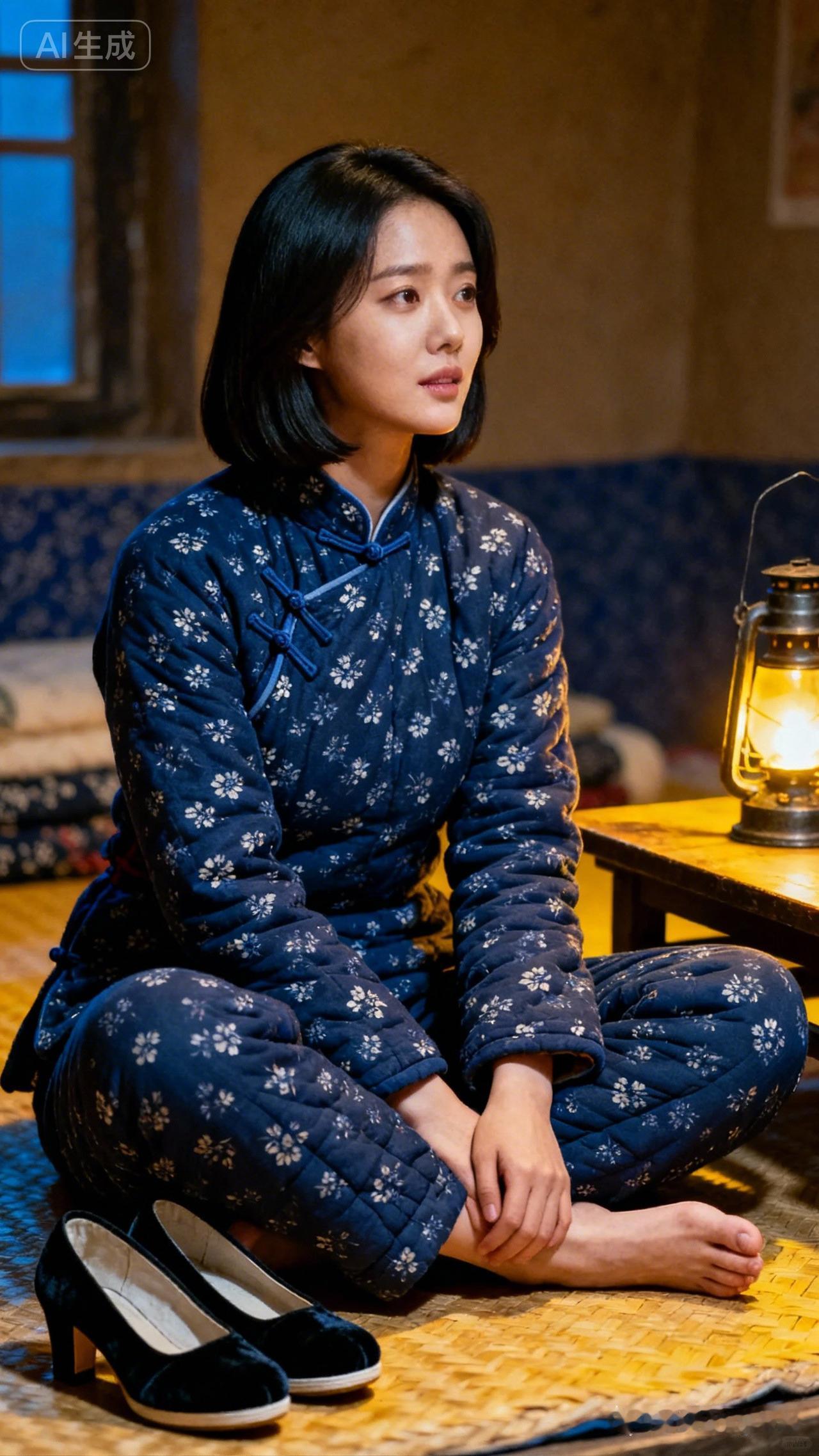 蓝色印花旗袍，搭配高跟鞋，优雅复古，尽显东方韵味。