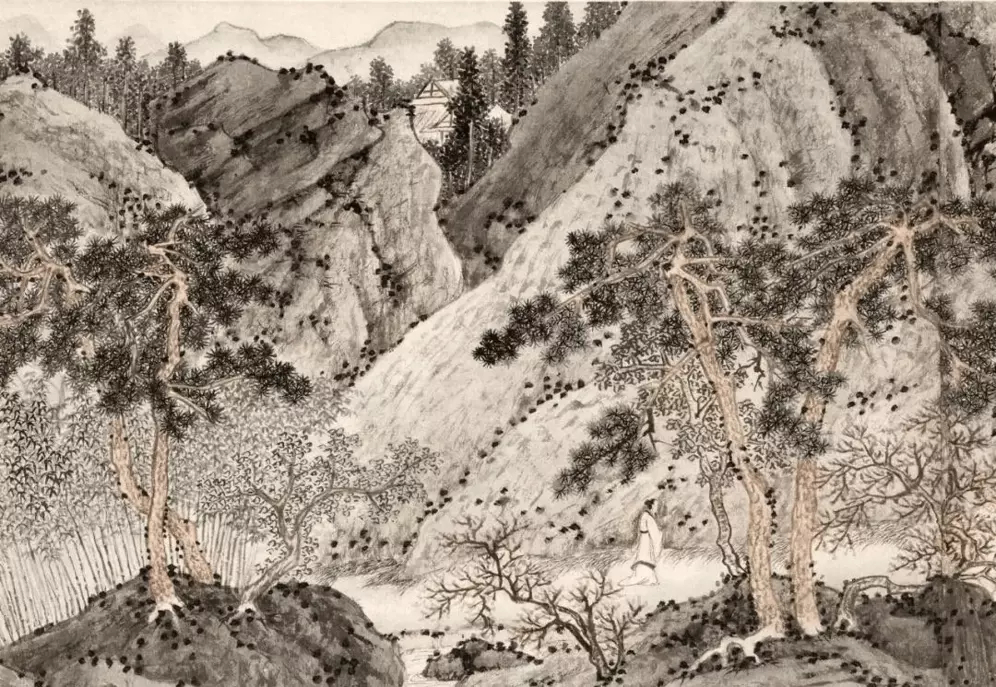 明 文徵明《桃源问津图》。是文徵明八十五岁高龄之时所作。画作分为迷途、偶入、问津