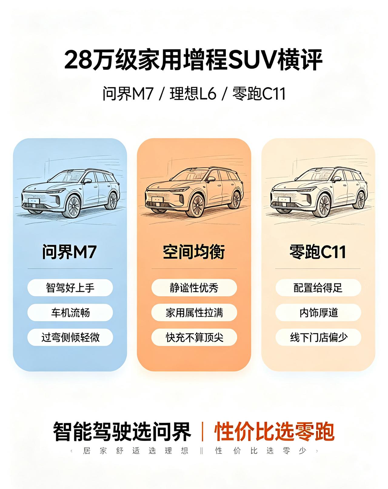 38万家用增程车型，问界M7、理想L6、零跑C11。问界车机流畅智能驾驶上手简单