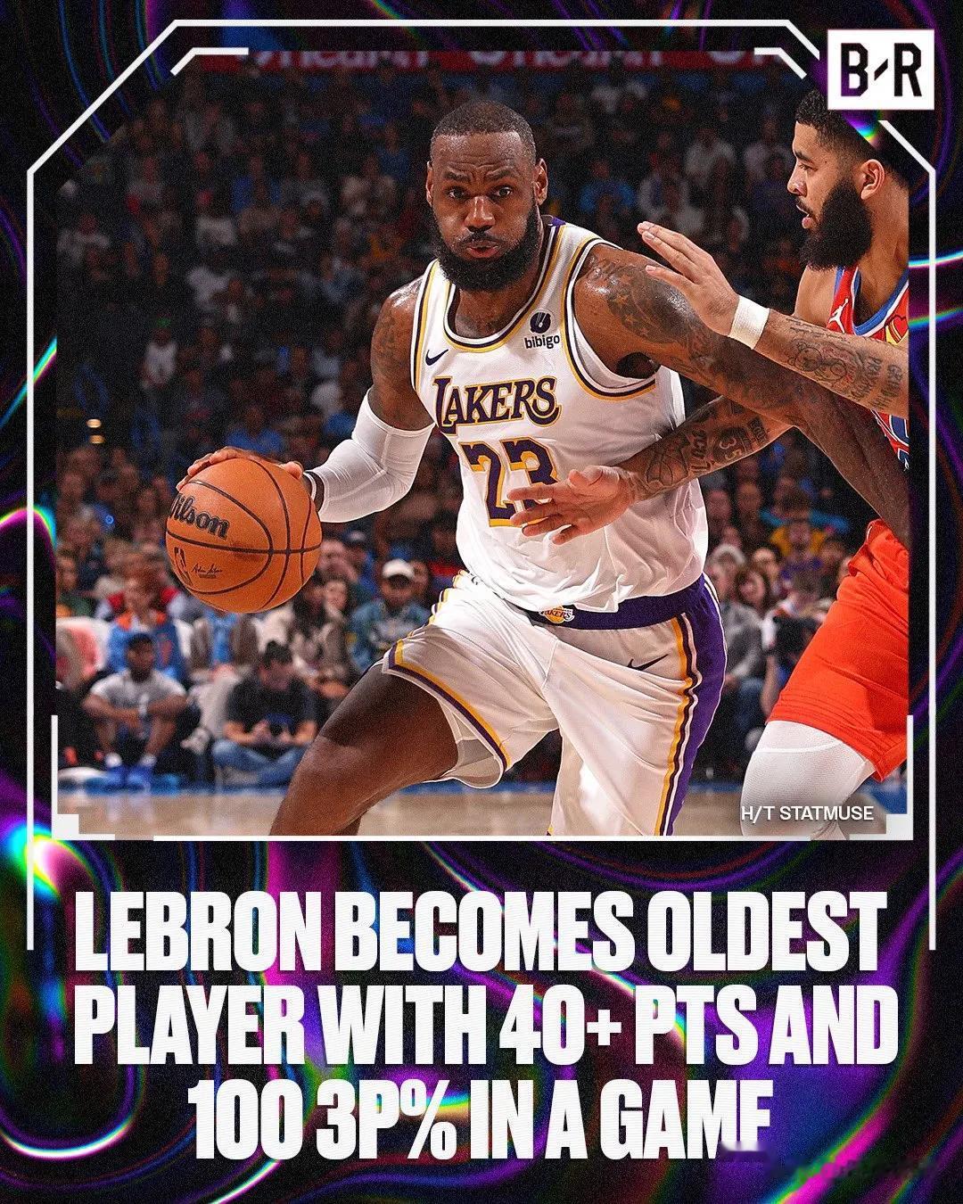 詹姆斯继续创造奇迹，成为NBA历史上能在一场比赛里拿到40+得分和百分百的三分球
