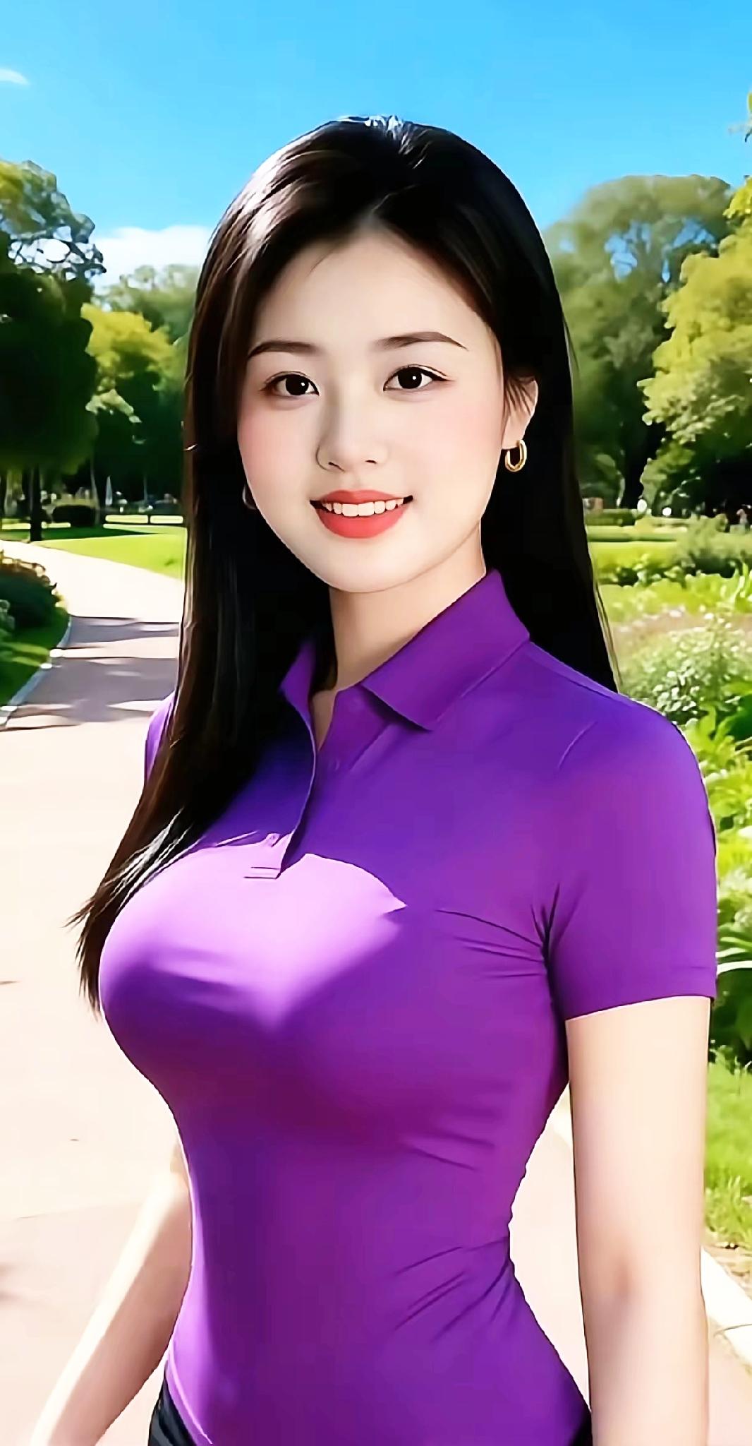 阳光明媚的公园里，一位穿着紫色上衣的少女微笑着，仿佛在享受美好的一天。