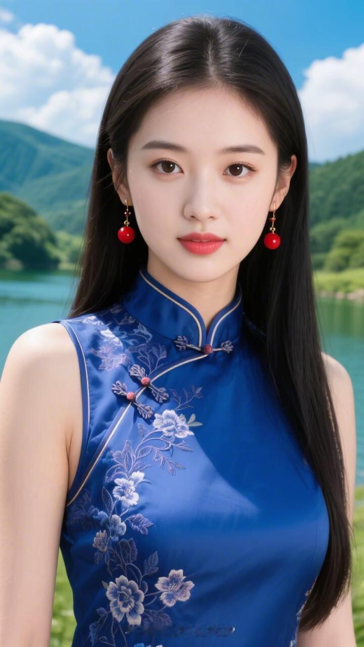 红妆映碧水，美人似画中。