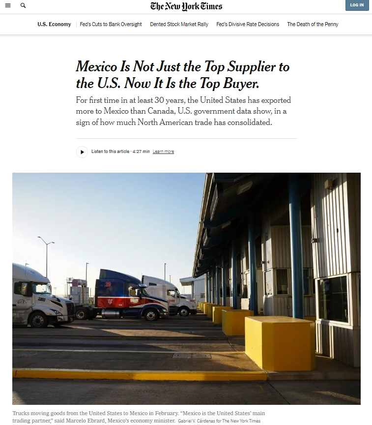 墨西哥从美国进口超过加拿大，对美国进口和出口都最高了。但经济前景不佳2025年前