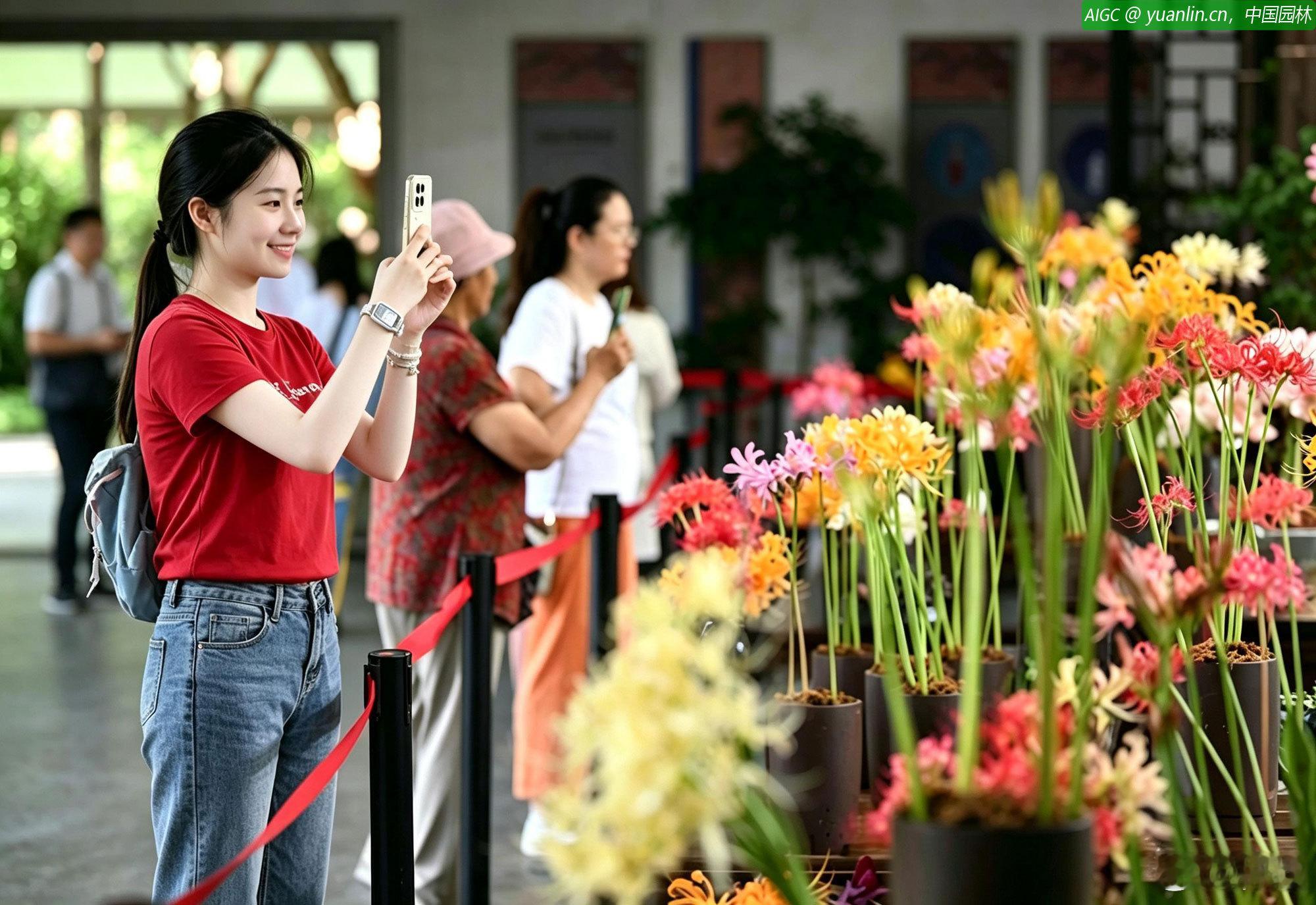 yuanlin.cn 园林 8月24日，游人参观石蒜花精品展。近日，浙江杭州植物