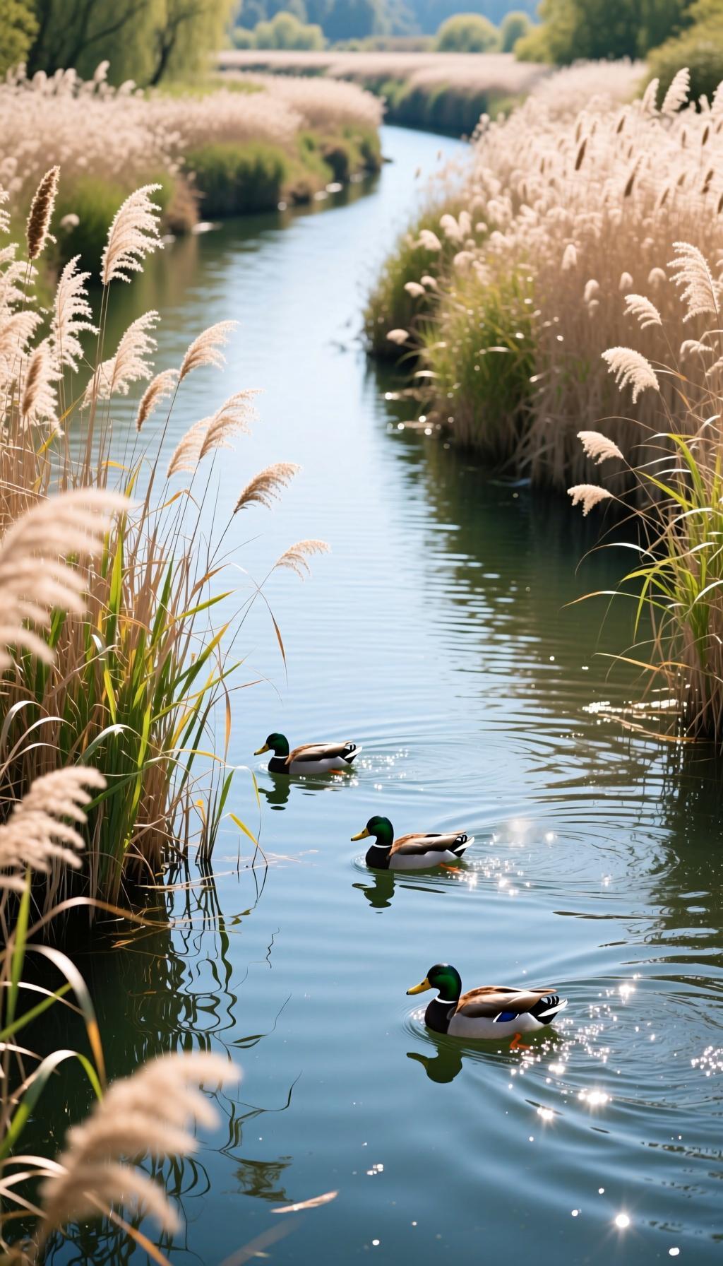 自制壁纸，清水芦苇，闲游的鸭子，南通黄明