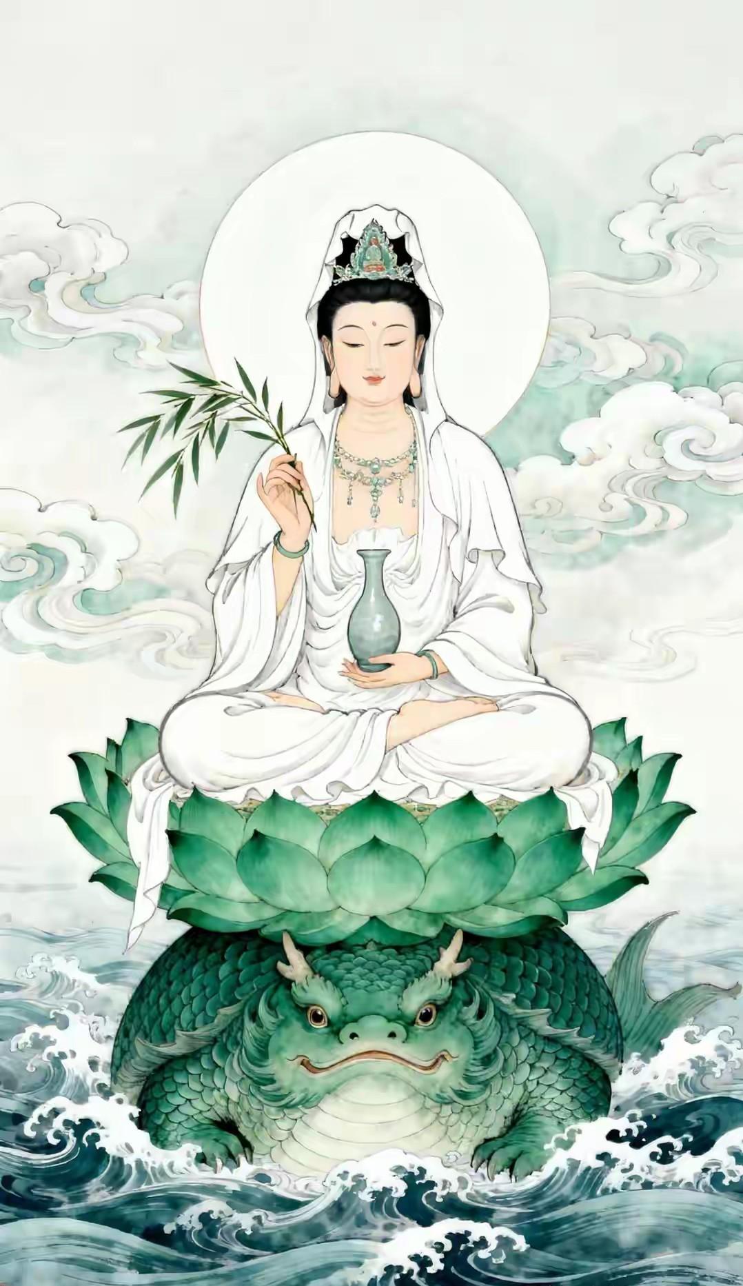 今日，观图偶得一上联，请友友们给对个下联。
上联:莲开鳌背，净瓶流光，心中安宁 