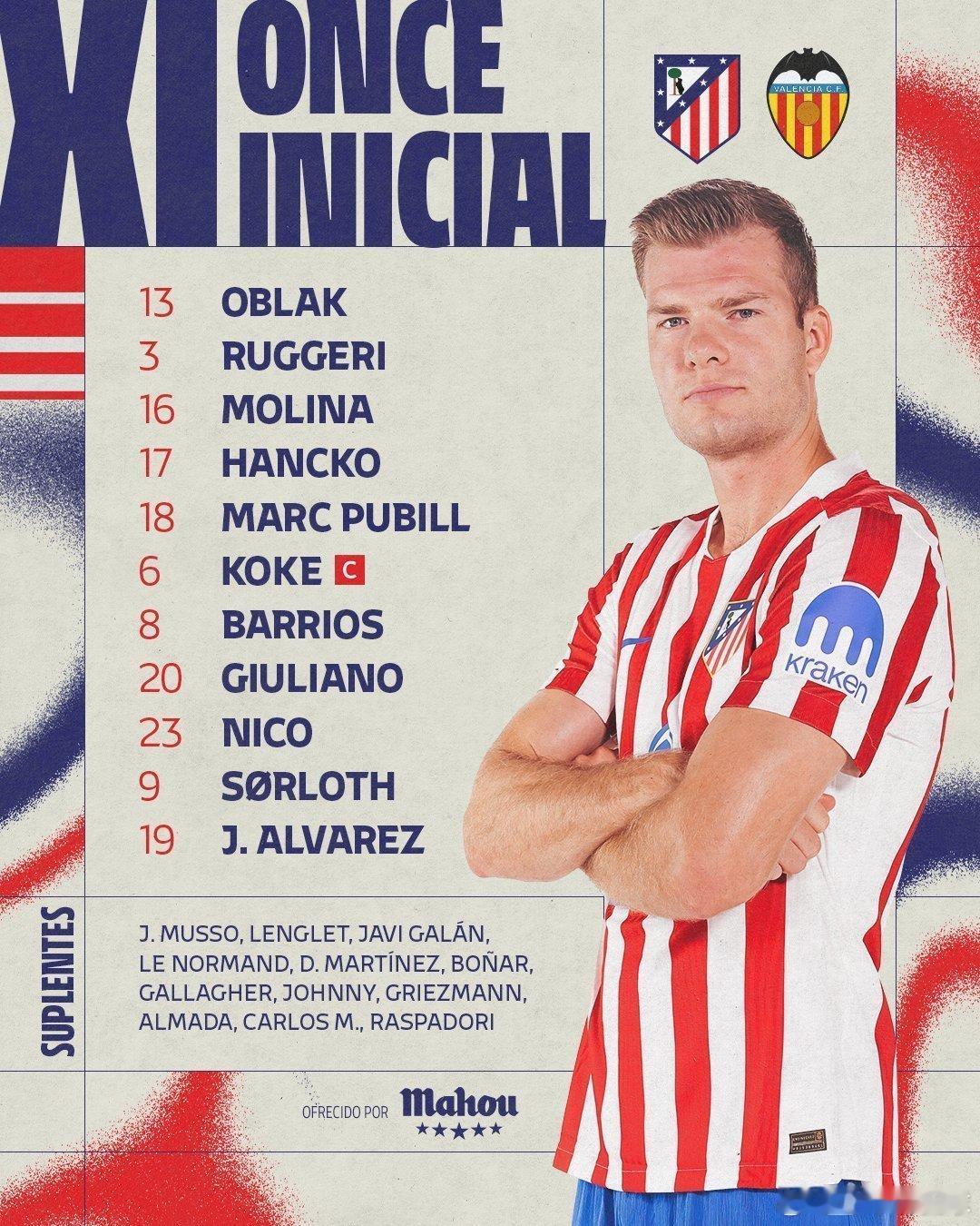 12月13日讯 西甲第16轮，马竞主场迎战瓦伦西亚。赛前两队首发出炉：马德里竞技