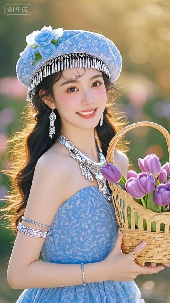 一位姑娘手捧鲜花，笑容甜美。