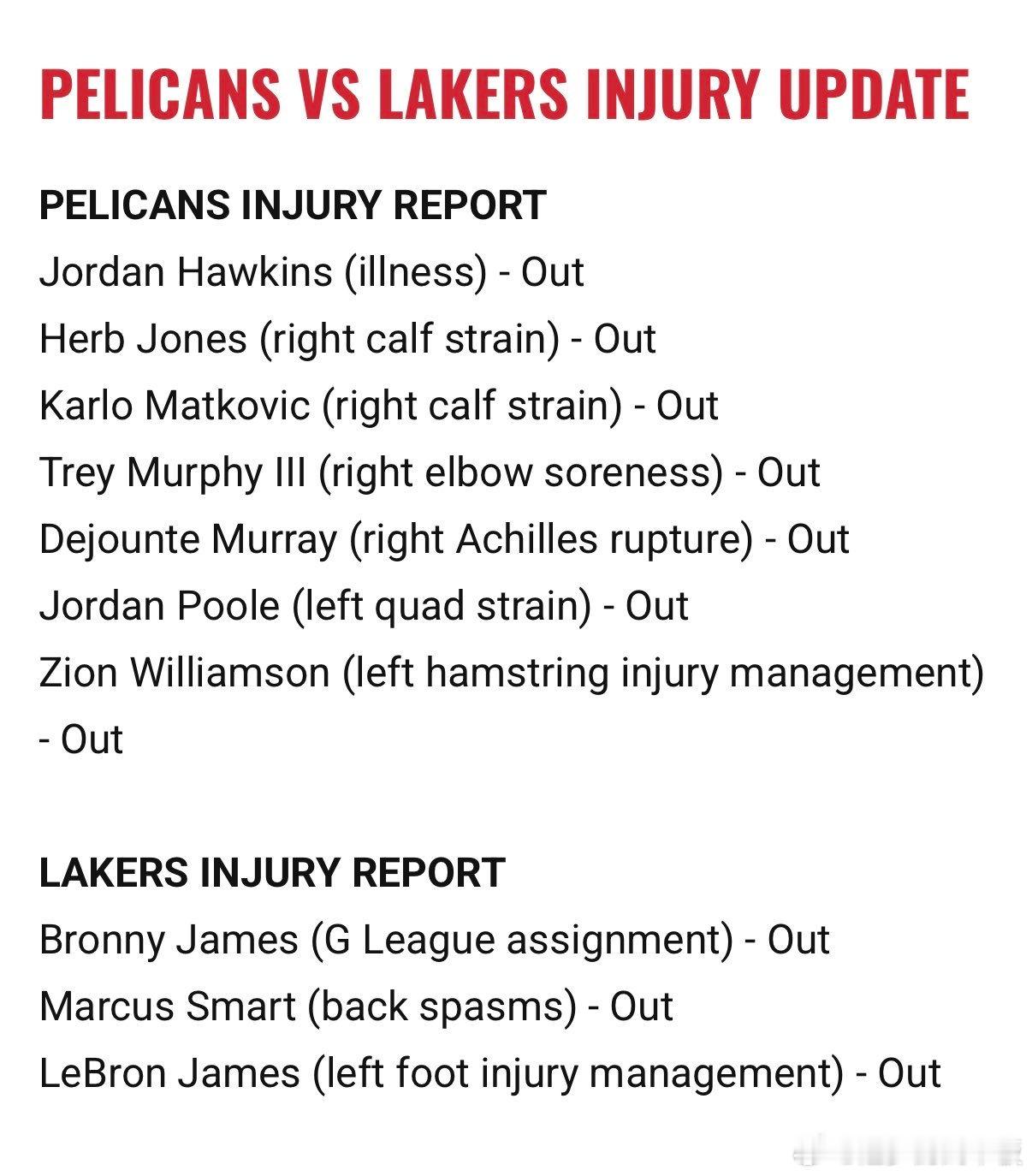 共计7人缺席！鹈鹕对阵湖人伤病报告⬇️乔丹-霍金斯(生病）、赫伯-琼斯（右小腿拉