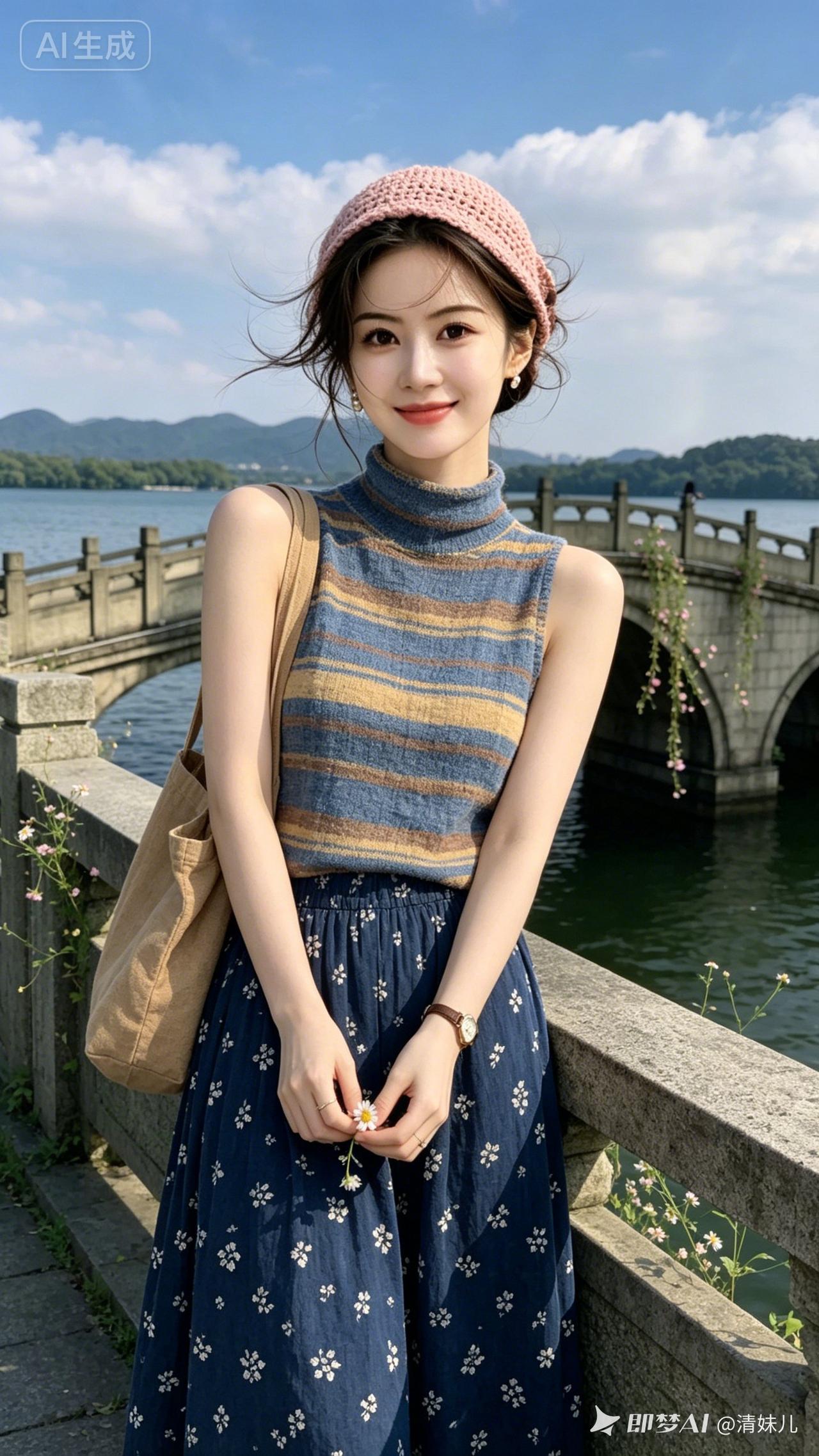 冷白皮甜酷女生低挽乱发，粉钩织帽，条纹亚麻上衣配碎花长裙，手握野花。伦勃朗光影对