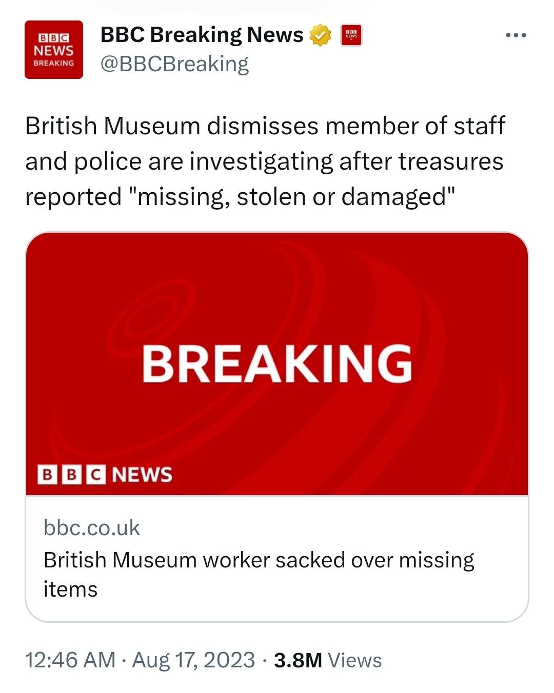 #大英博物馆部分黄金珠宝被盗#偷就偷了吧，反正大英博物馆里面的东西都是赃物。 ​