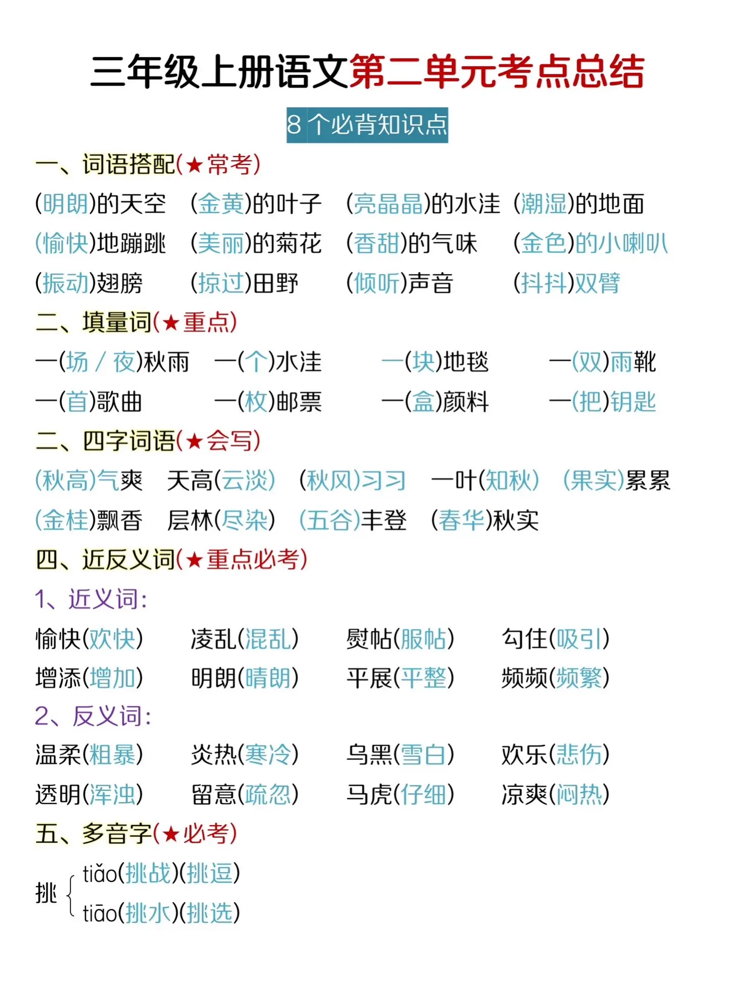 三年级上册语文1-8单元考点总结🔥。三年级上册语文1-8单元考点总结...