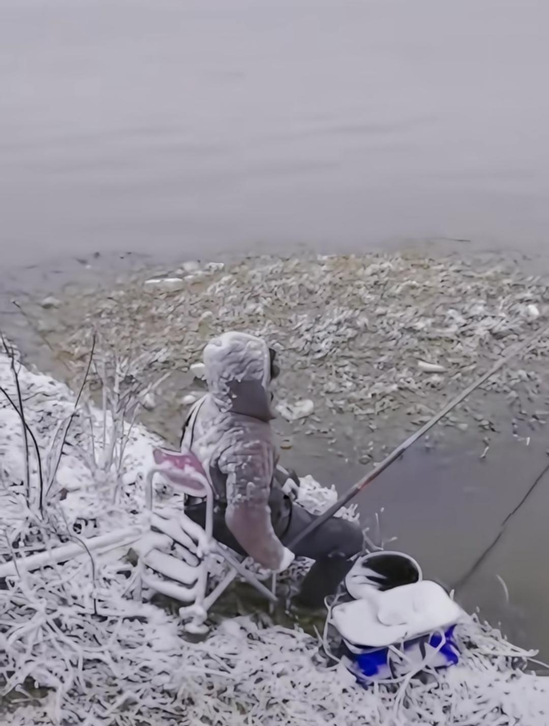在寒冷的冬日，竟有人在大雪纷飞的冰天雪地中坐在河边垂钓。这份执着，真让人不知如何