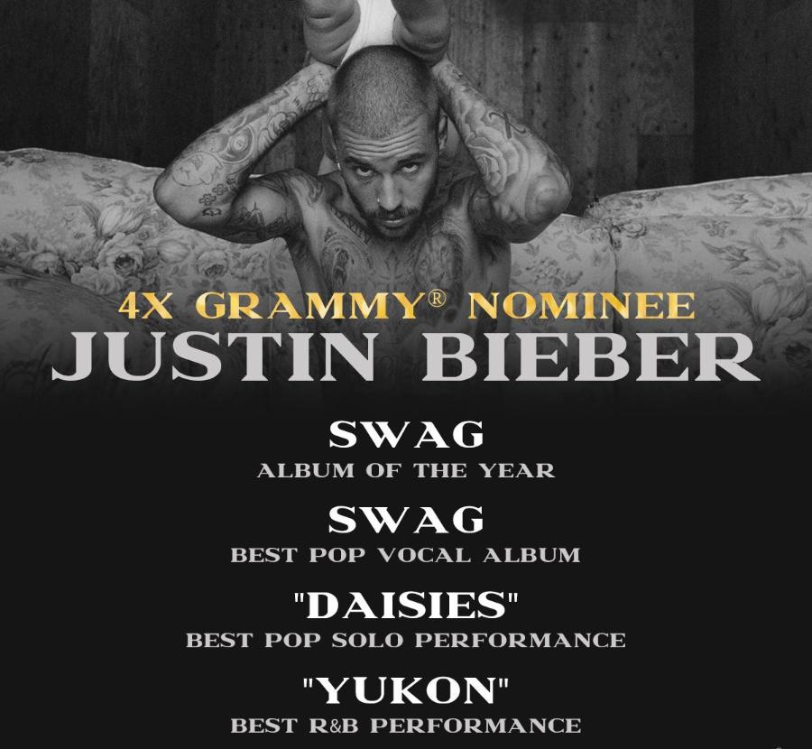 今年格莱美奖评选中，贾斯汀·比伯表现亮眼，一举斩获4项提名，其中凭借作品《SWA
